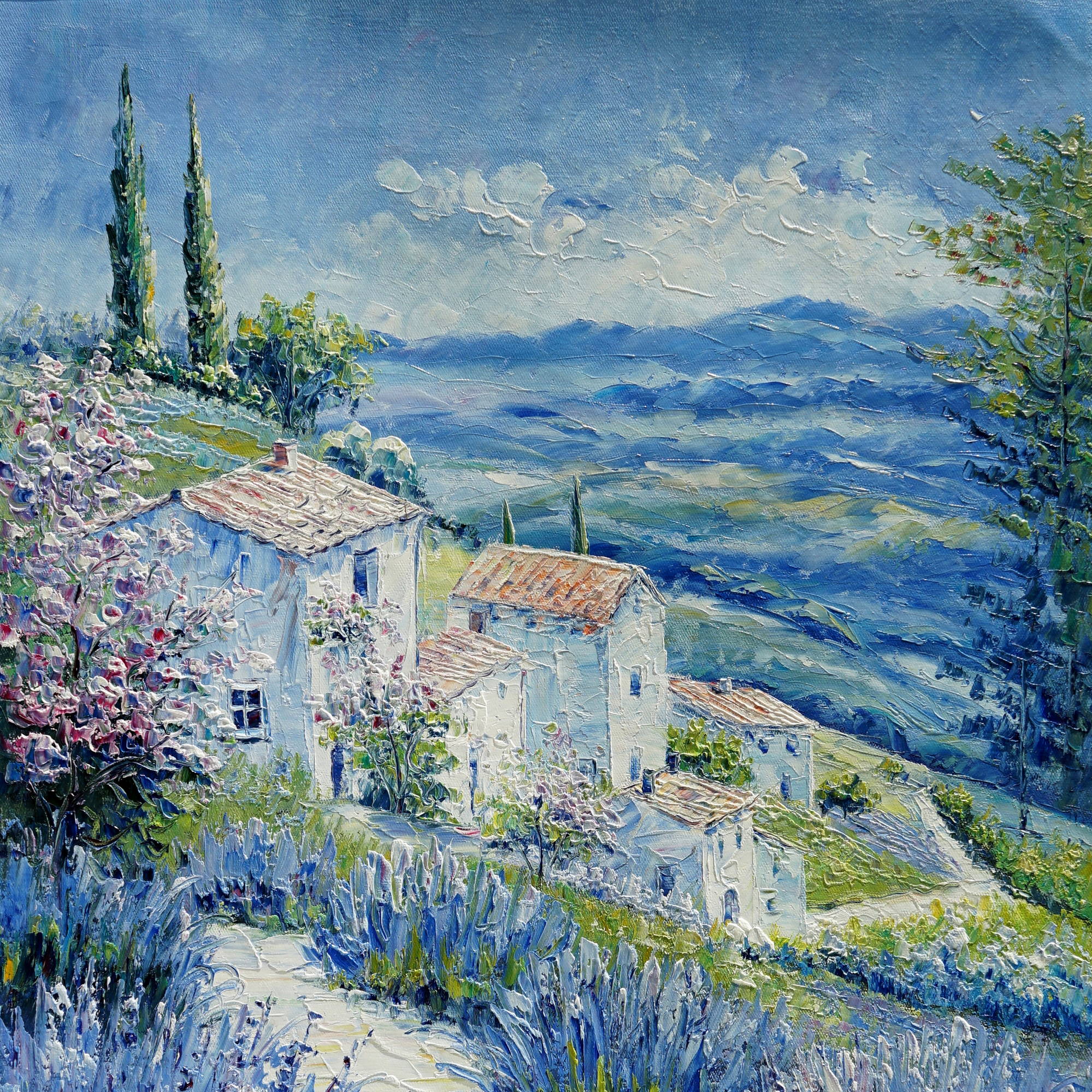 Dipinto Cespugli di Lavanda e casali in Toscana 50x70cm