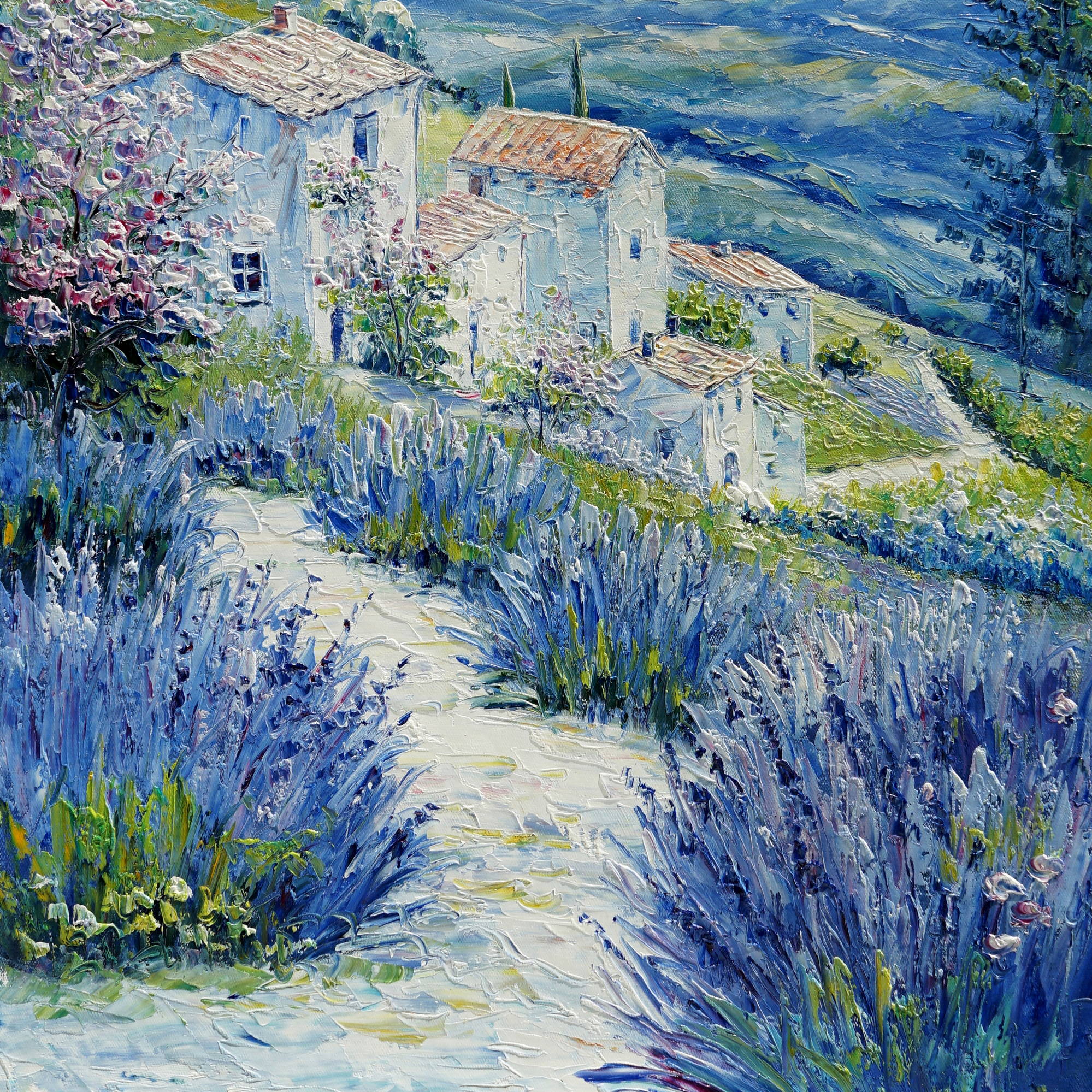 Dipinto Cespugli di Lavanda e casali in Toscana 50x70cm