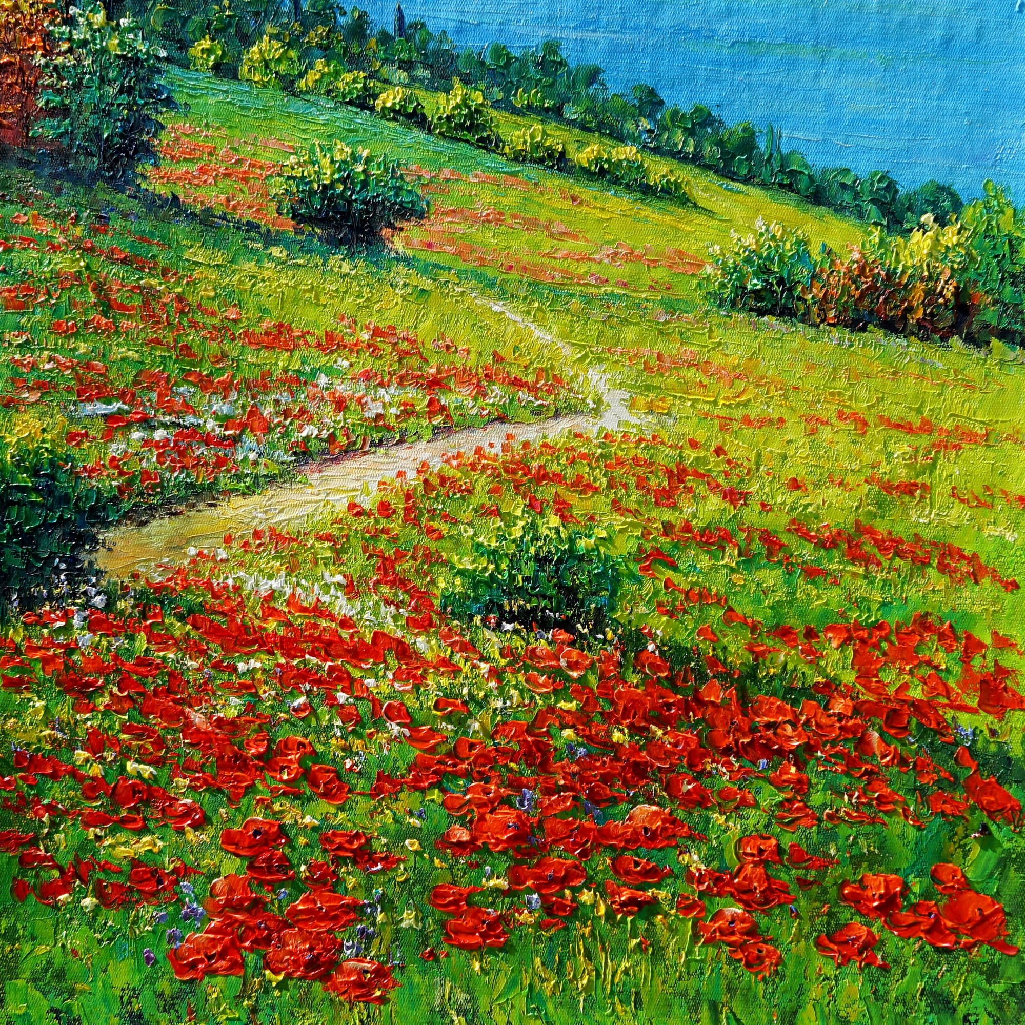 Dipinto a mano Campo di Papaveri con Montagne sullo Sfondo 50x70cm