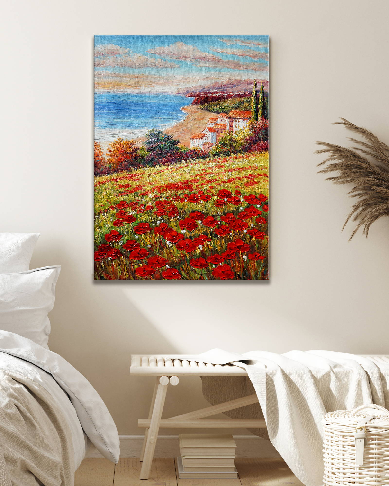 Hand painted Poppy Field with Water in the Background 50x70cm