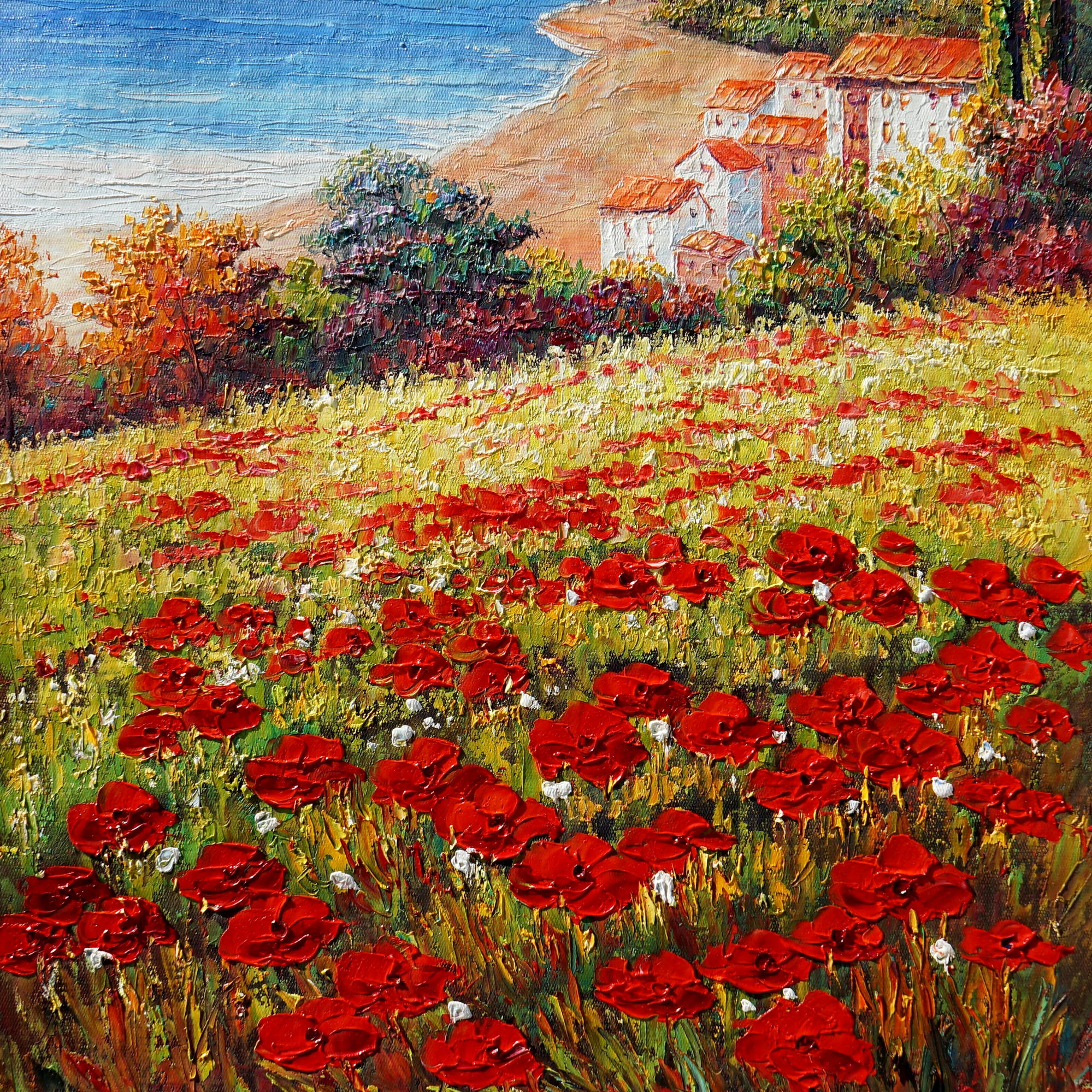 Hand painted Poppy Field with Water in the Background 50x70cm