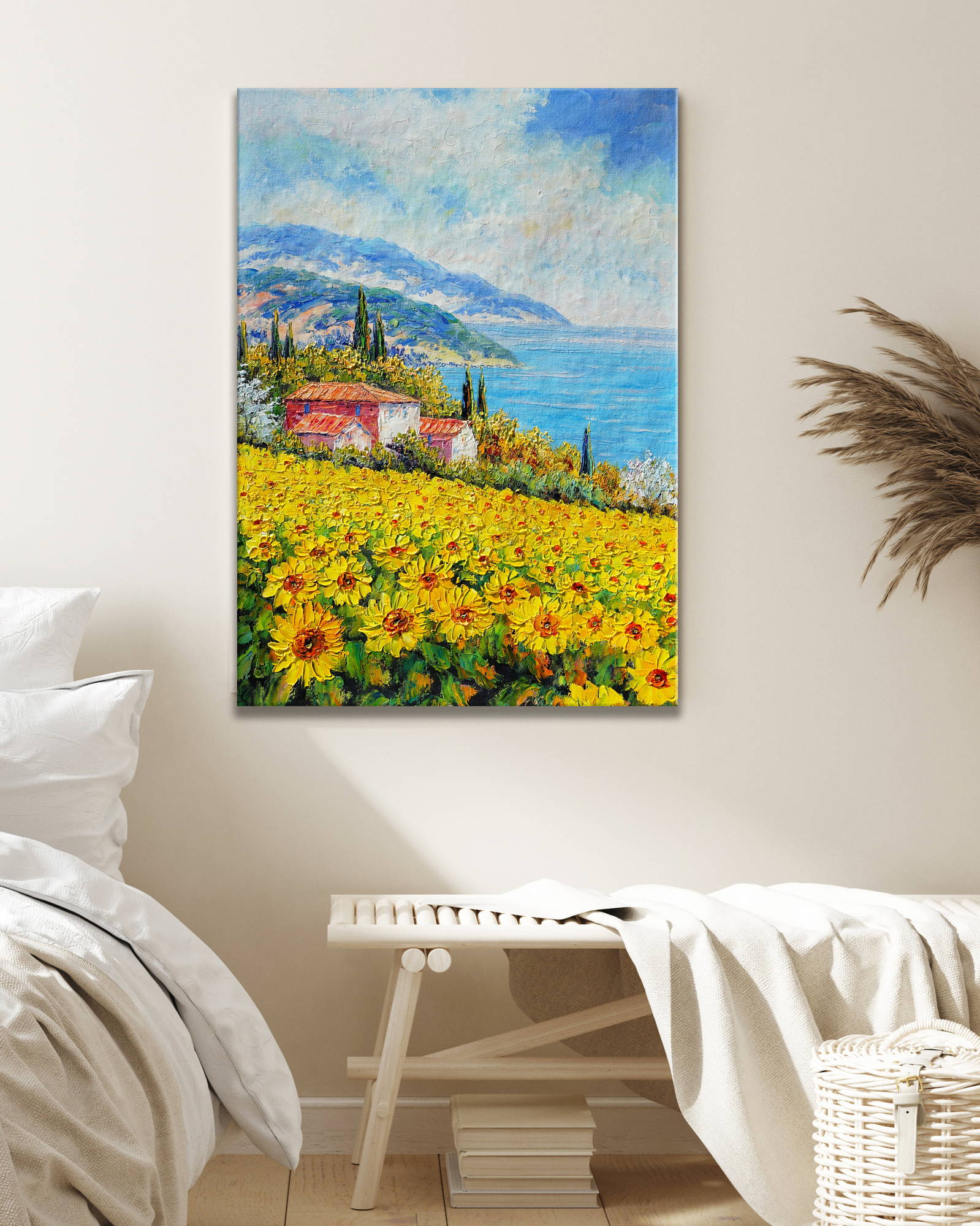 Dipinto a mano Casale in Campo di Girasoli 50x70cm