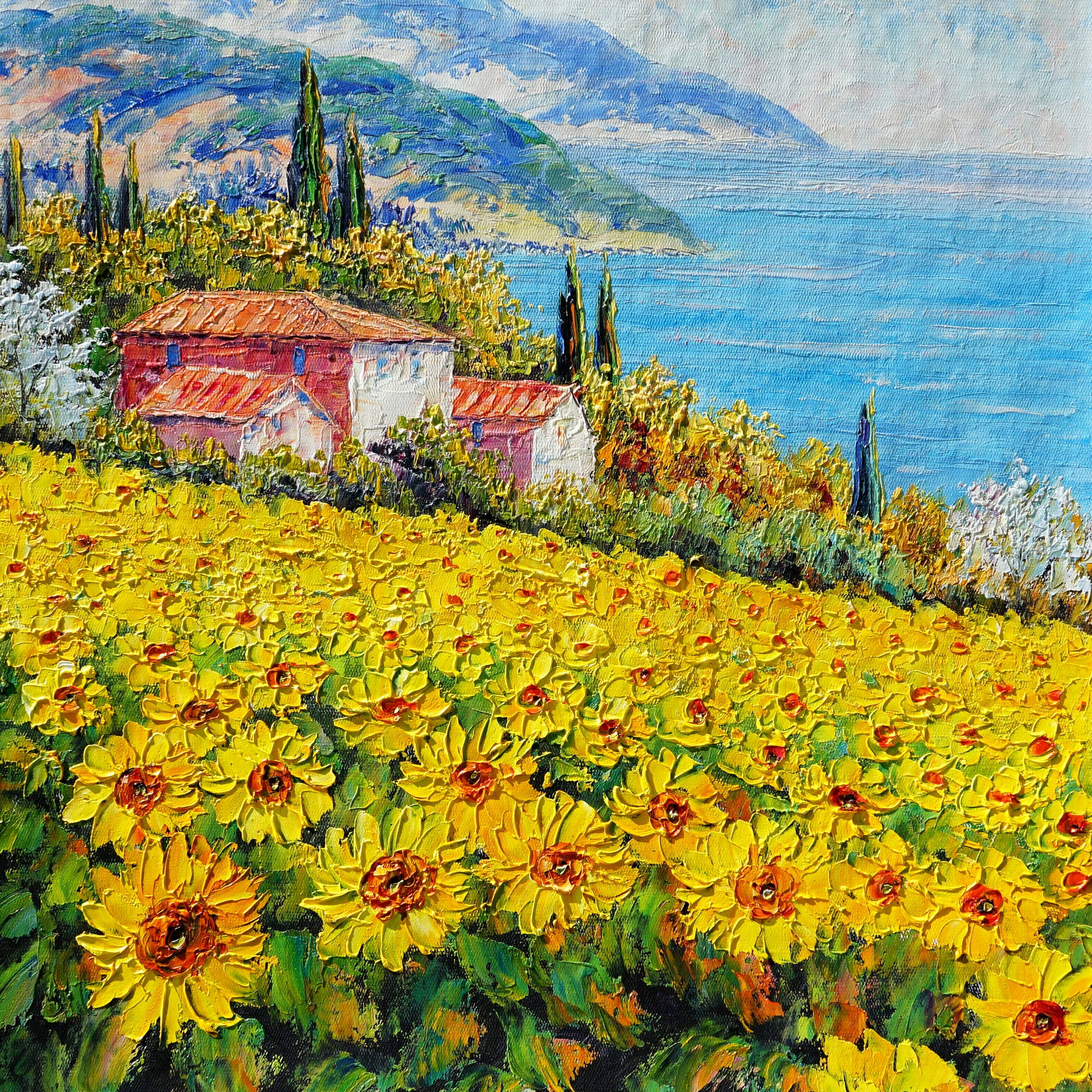 Dipinto a mano Casale in Campo di Girasoli 50x70cm