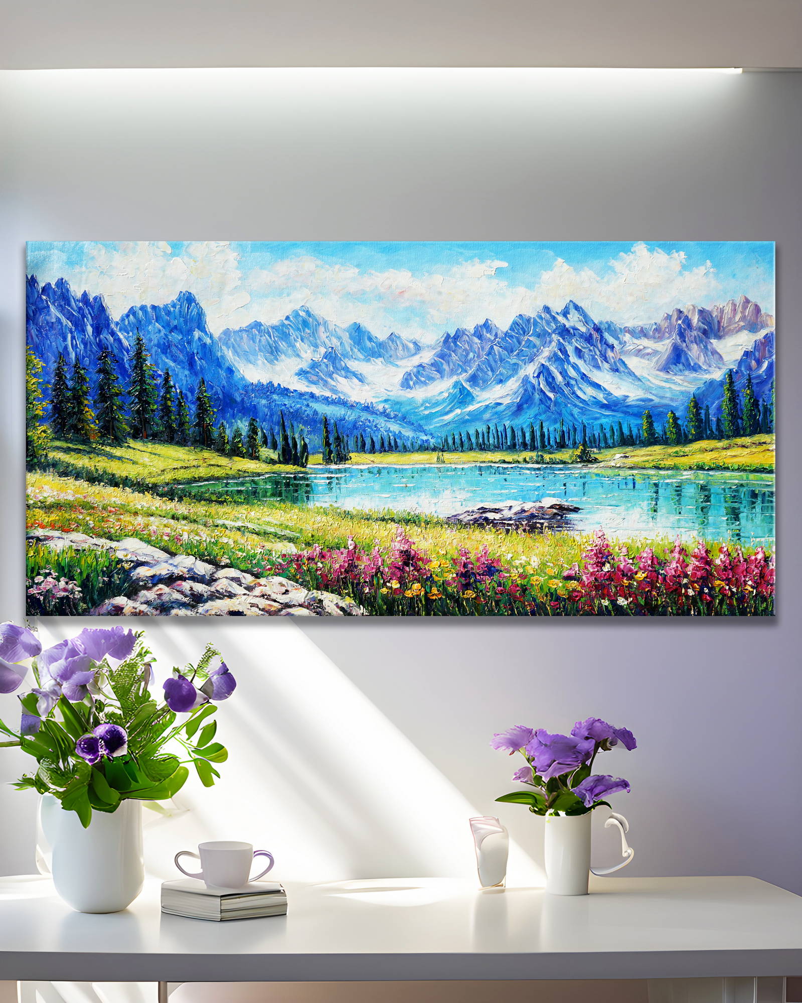 Dipinto a mano Lago con Fiori e Montagne sullo Sfondo 50x100cm