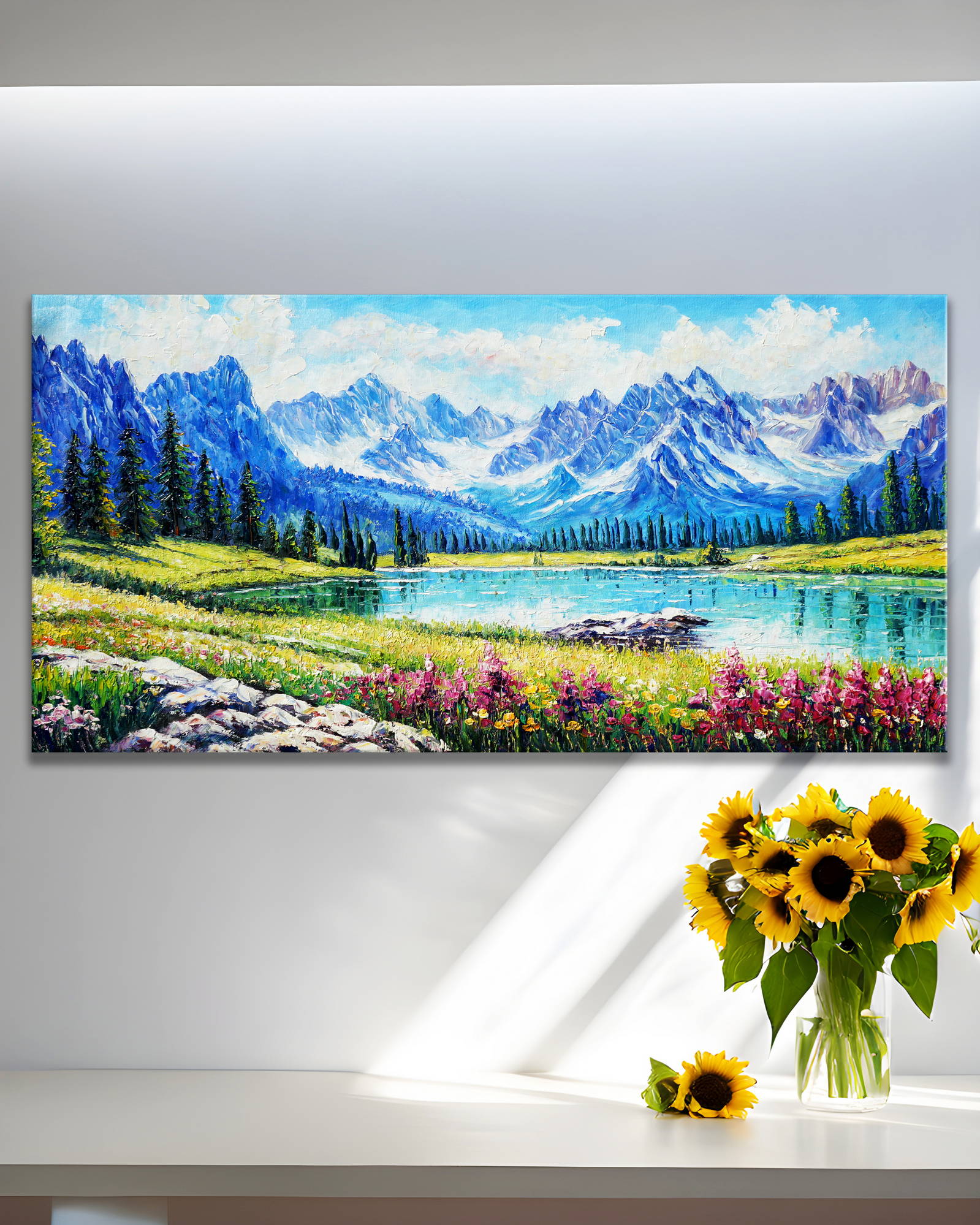 Dipinto a mano Lago con Fiori e Montagne sullo Sfondo 50x100cm