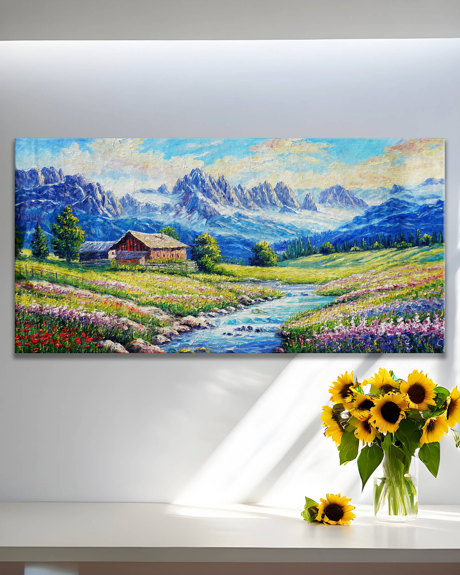 Hand painted Chalet and stream in the Dolomites 50x100cm