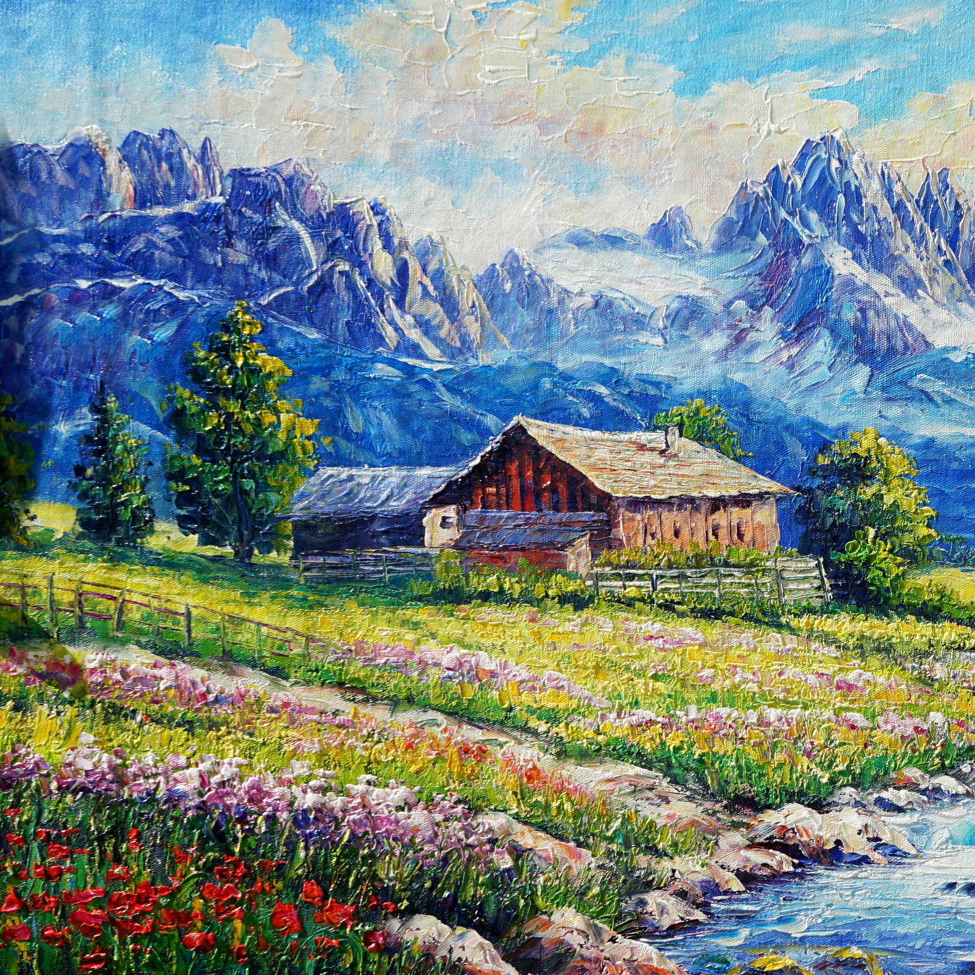 Hand painted Chalet and stream in the Dolomites 50x100cm