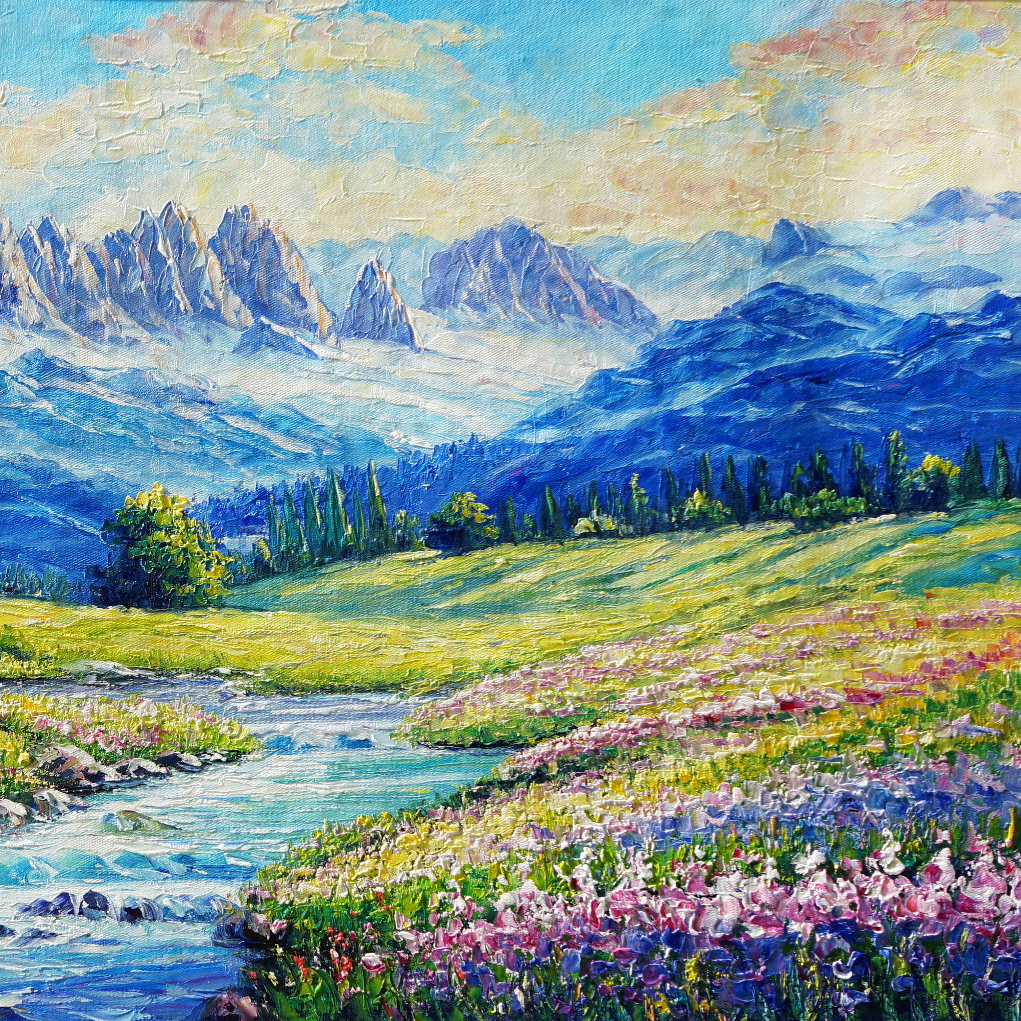 Hand painted Chalet and stream in the Dolomites 50x100cm