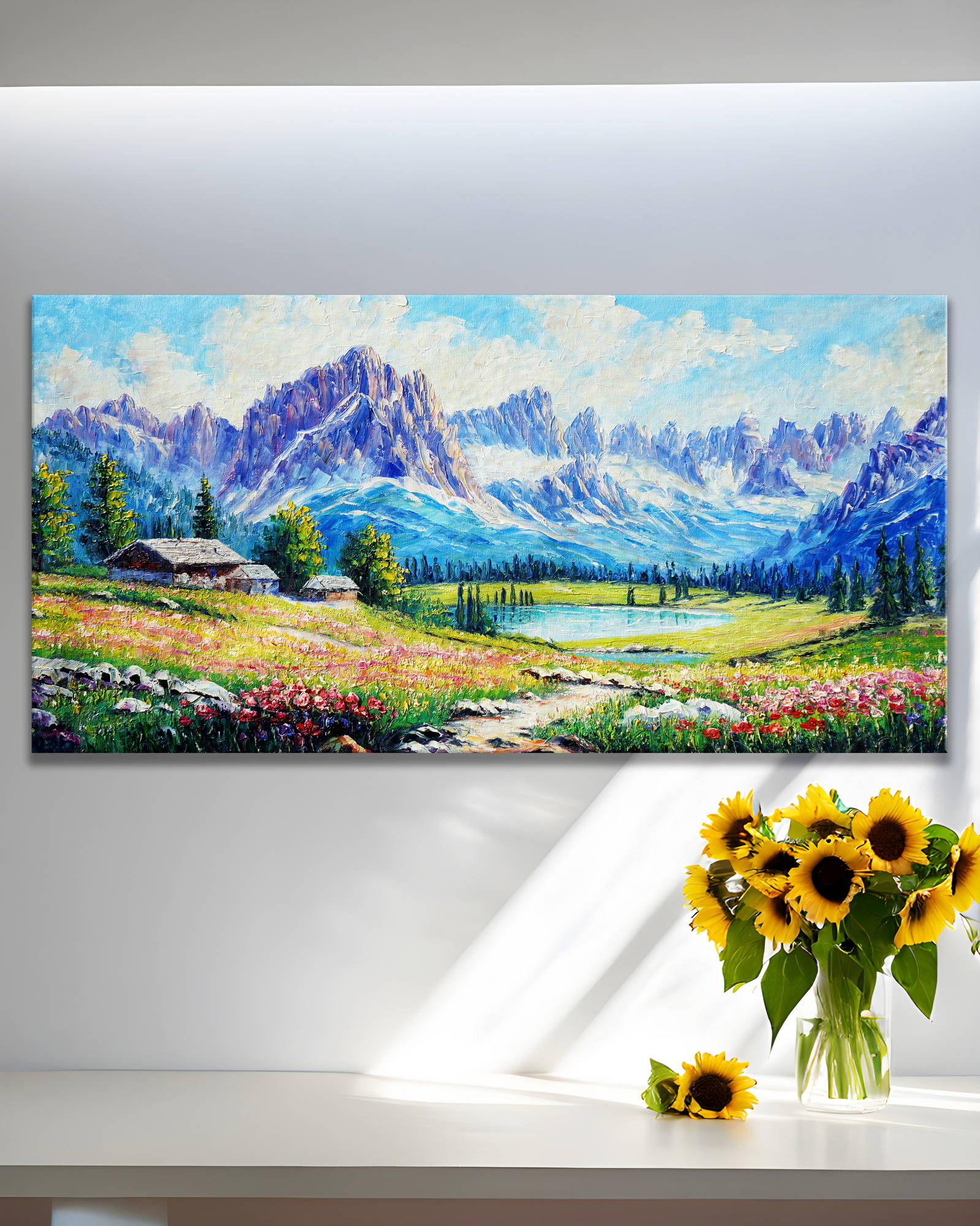 Dipinto a mano Paesaggio con lago nelle Dolomiti 50x100cm