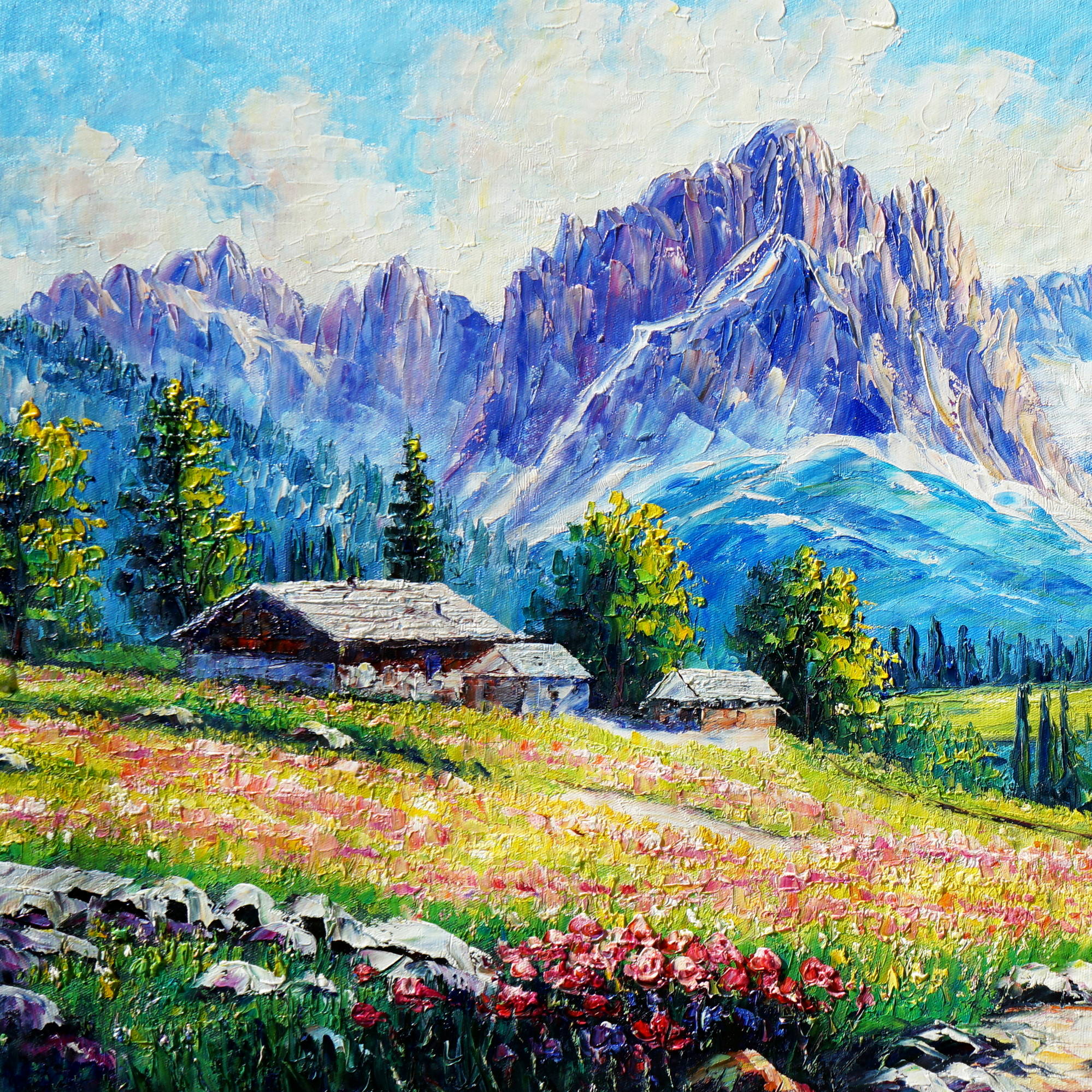 Dipinto a mano Paesaggio con lago nelle Dolomiti 50x100cm