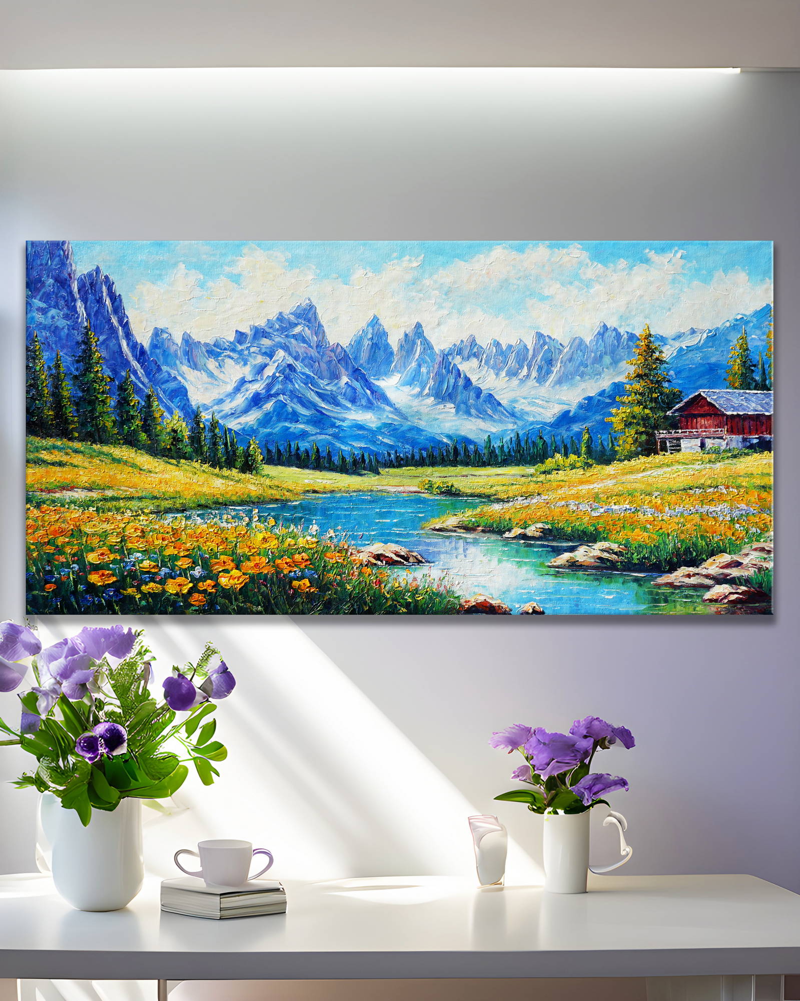 Dipinto a mano Baita di montagna con ruscello e fiori 50x100cm