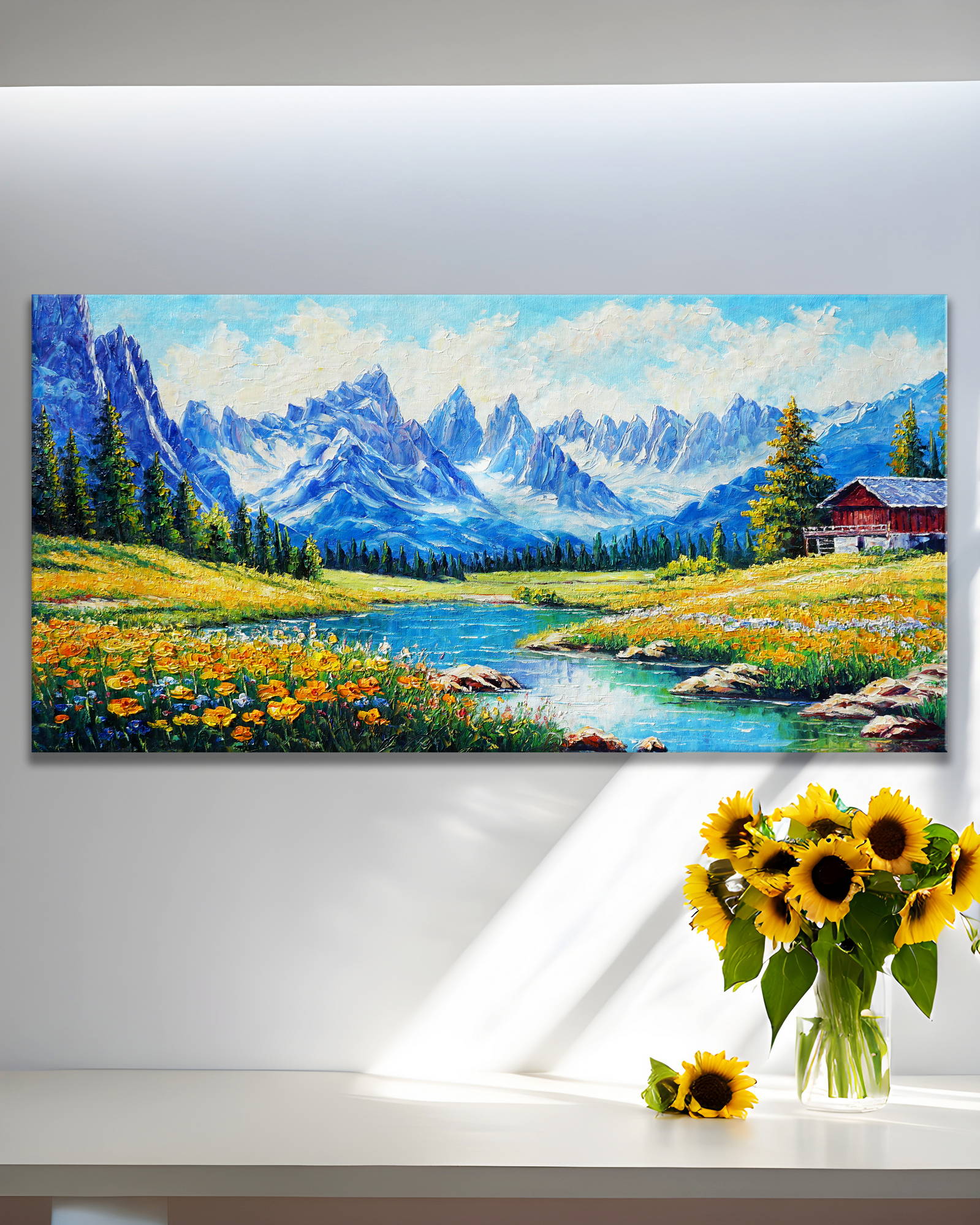 Dipinto a mano Baita di montagna con ruscello e fiori 50x100cm