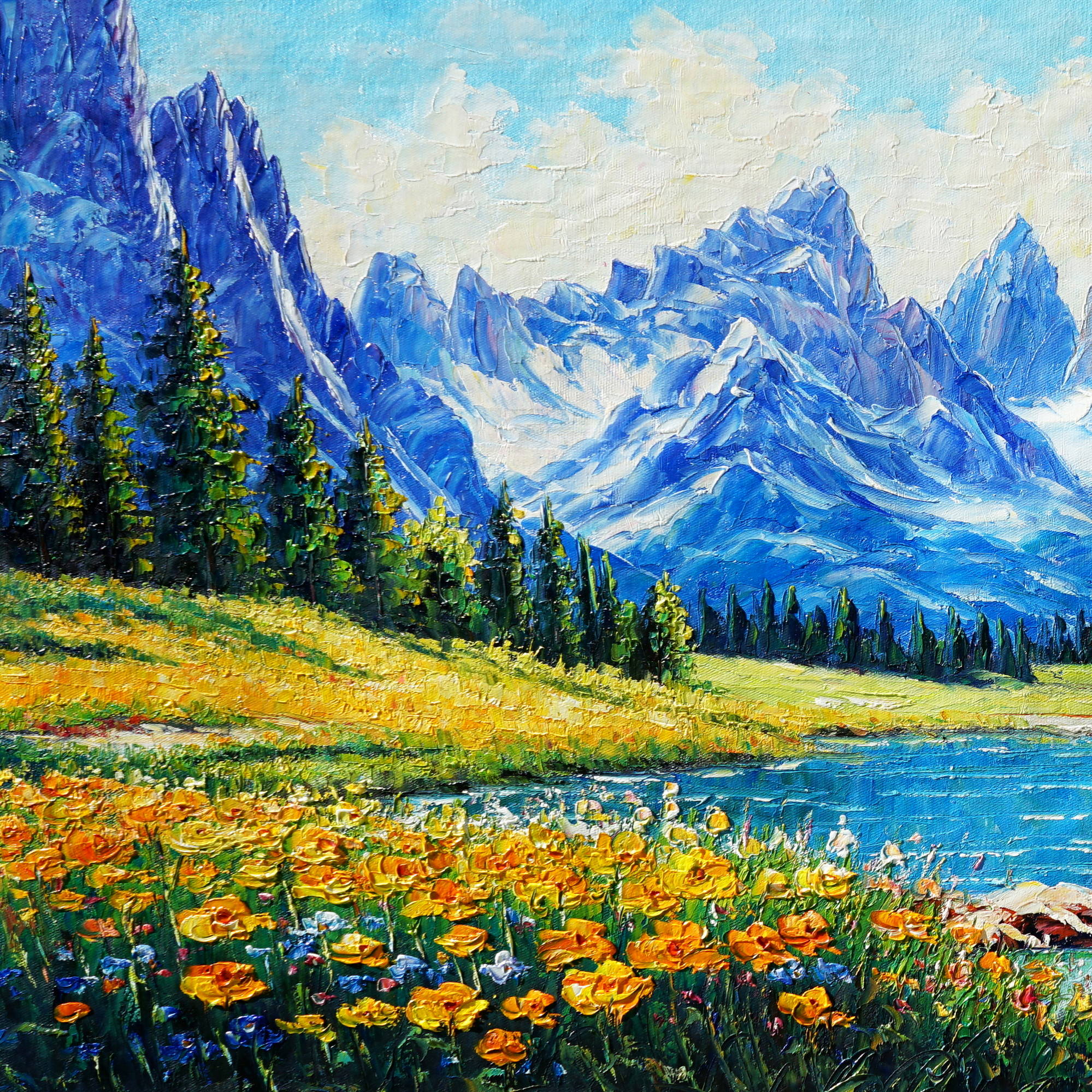 Dipinto a mano Baita di montagna con ruscello e fiori 50x100cm