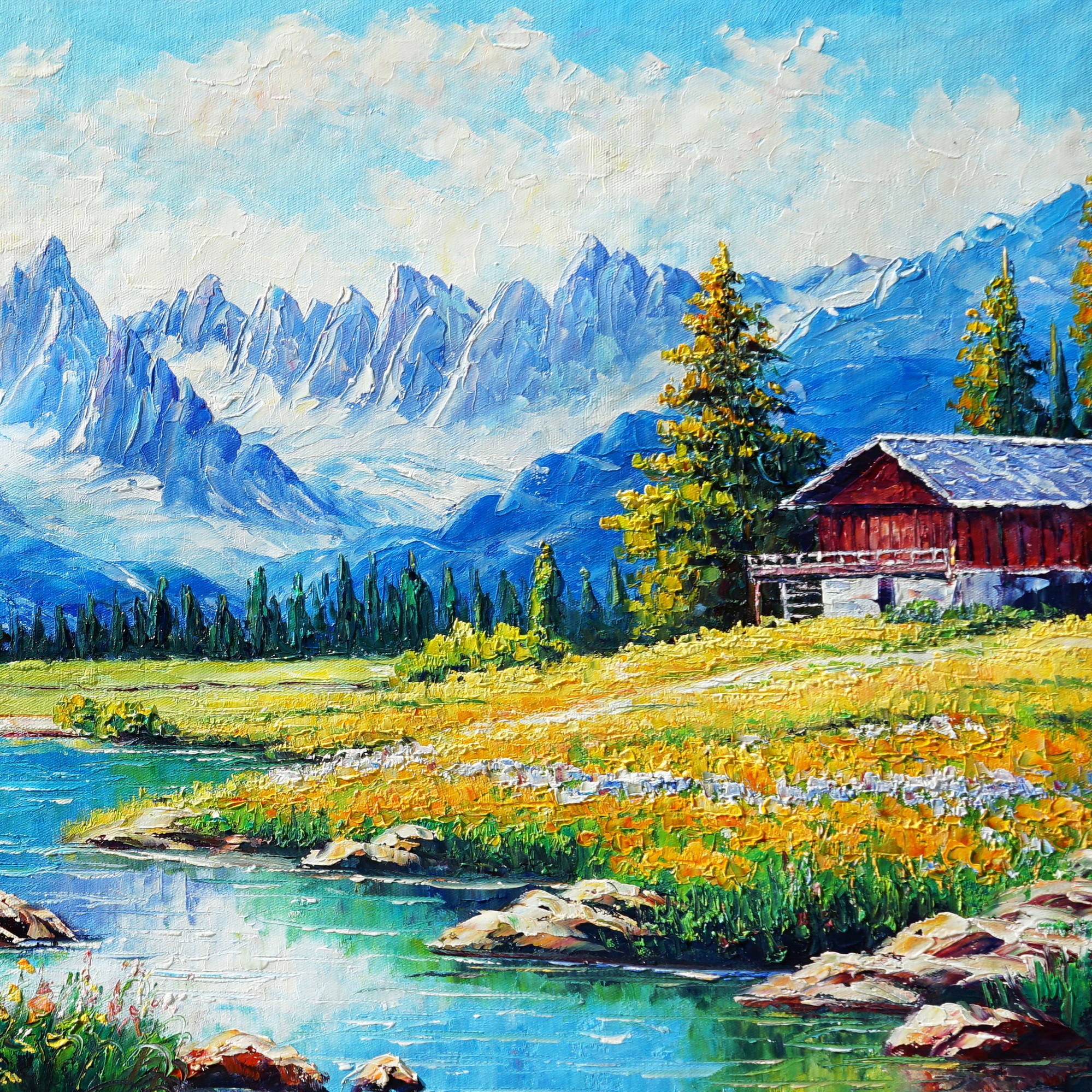 Dipinto a mano Baita di montagna con ruscello e fiori 50x100cm