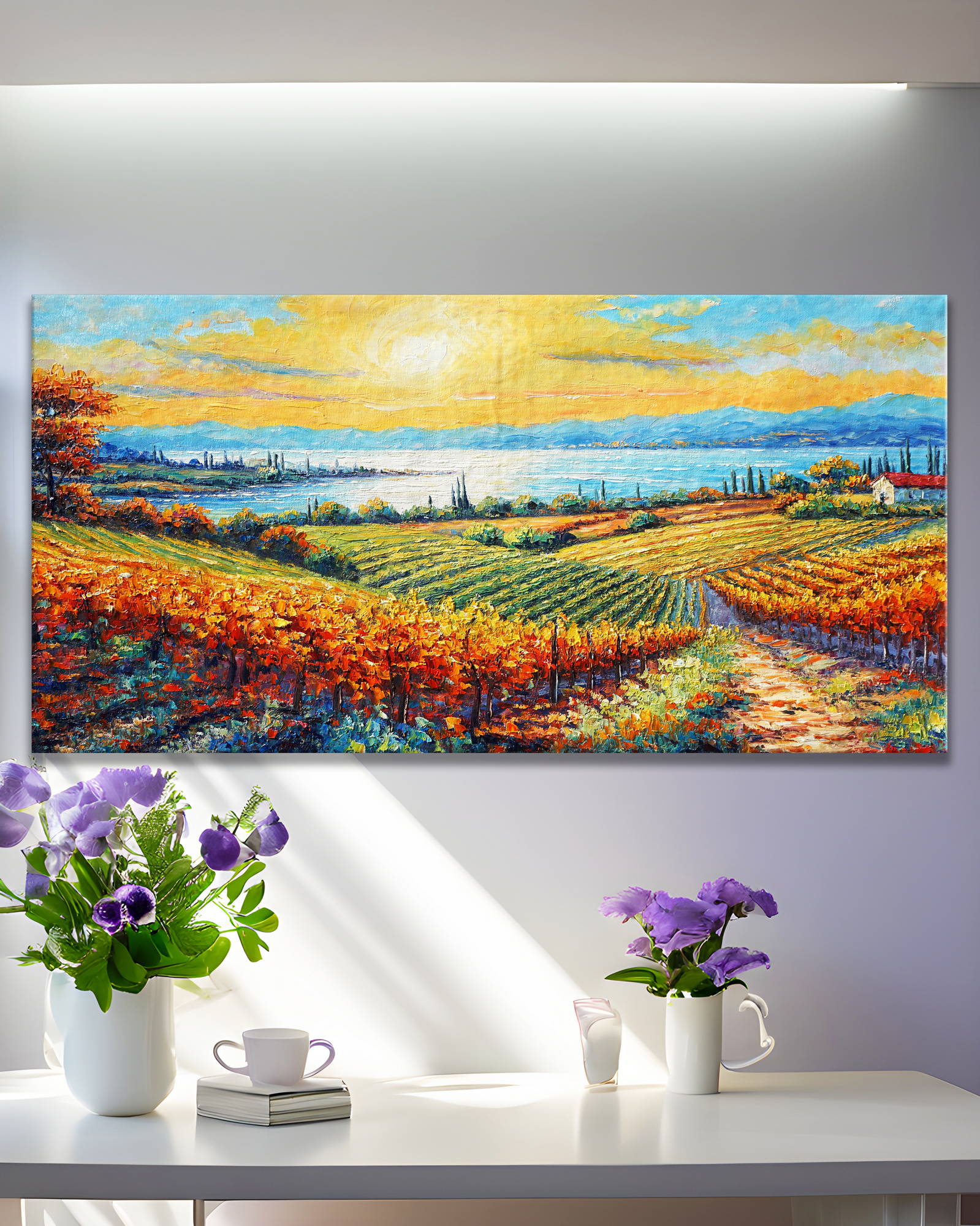 Dipinto a mano Campo di vigneti al tramonto in autunno 50x100cm