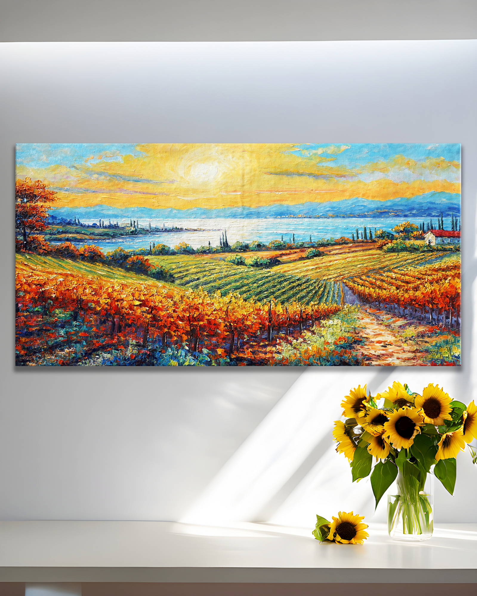 Dipinto a mano Campo di vigneti al tramonto in autunno 50x100cm