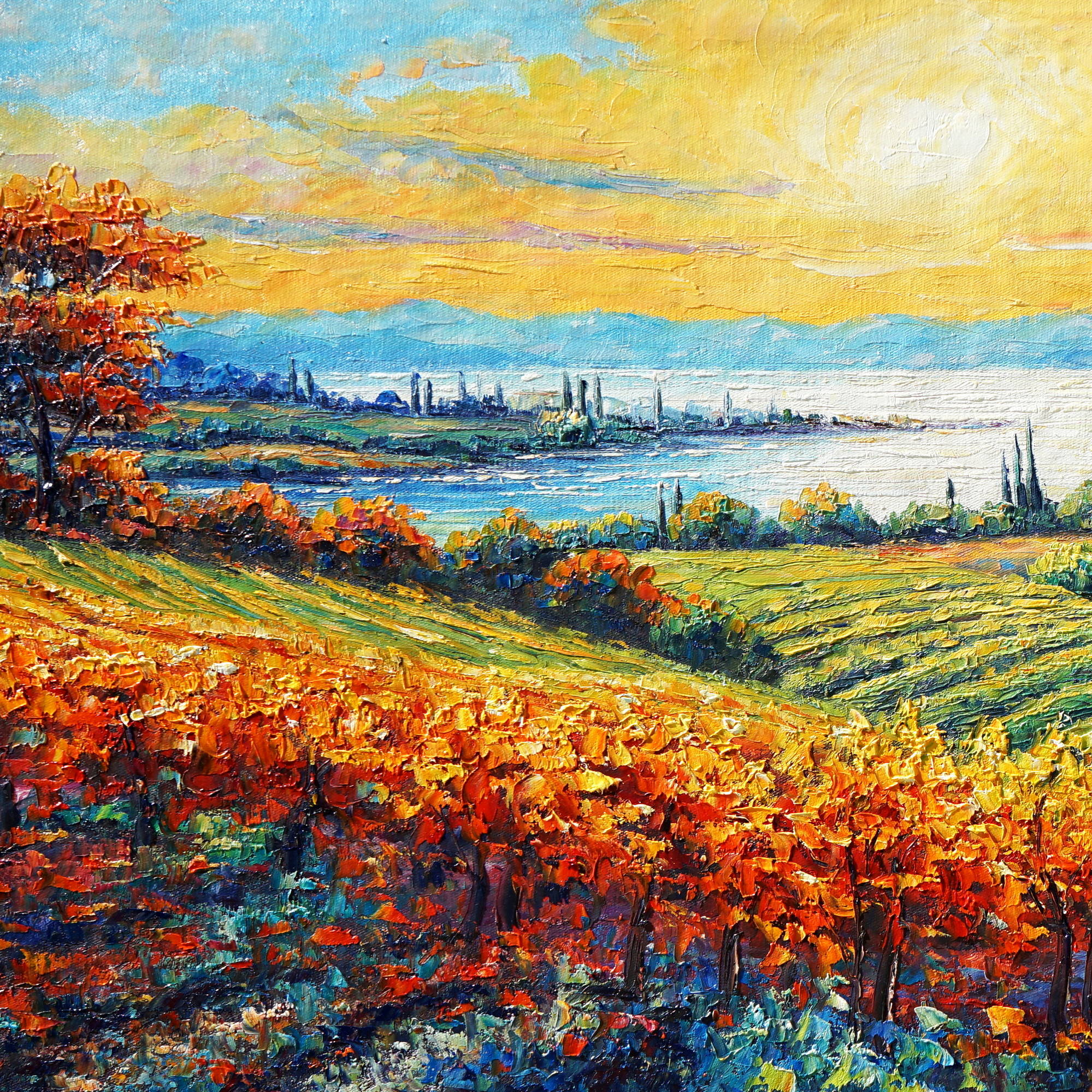 Dipinto a mano Campo di vigneti al tramonto in autunno 50x100cm