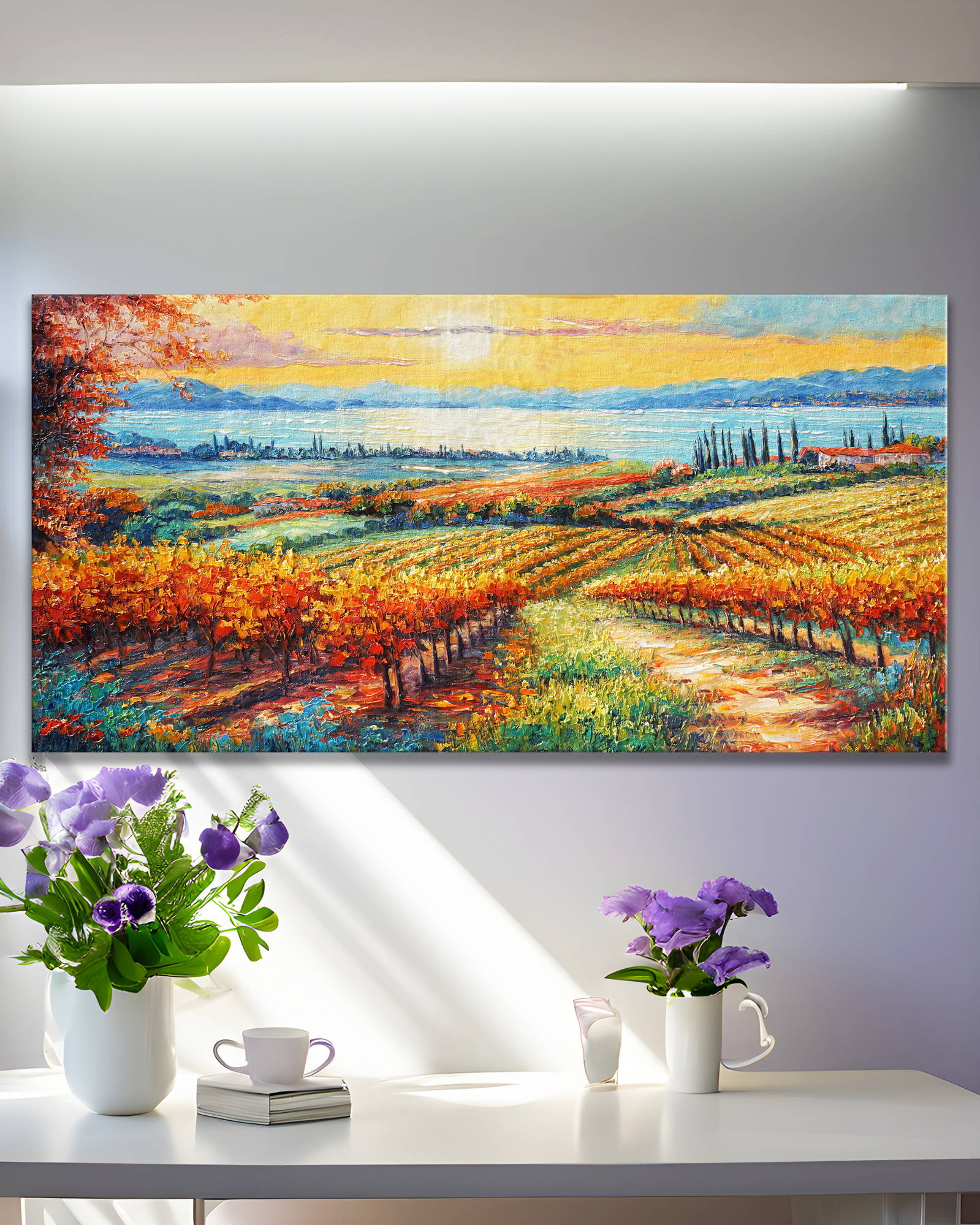 Dipinto a mano Campo di vigneti al tramonto in autunno 50x100cm