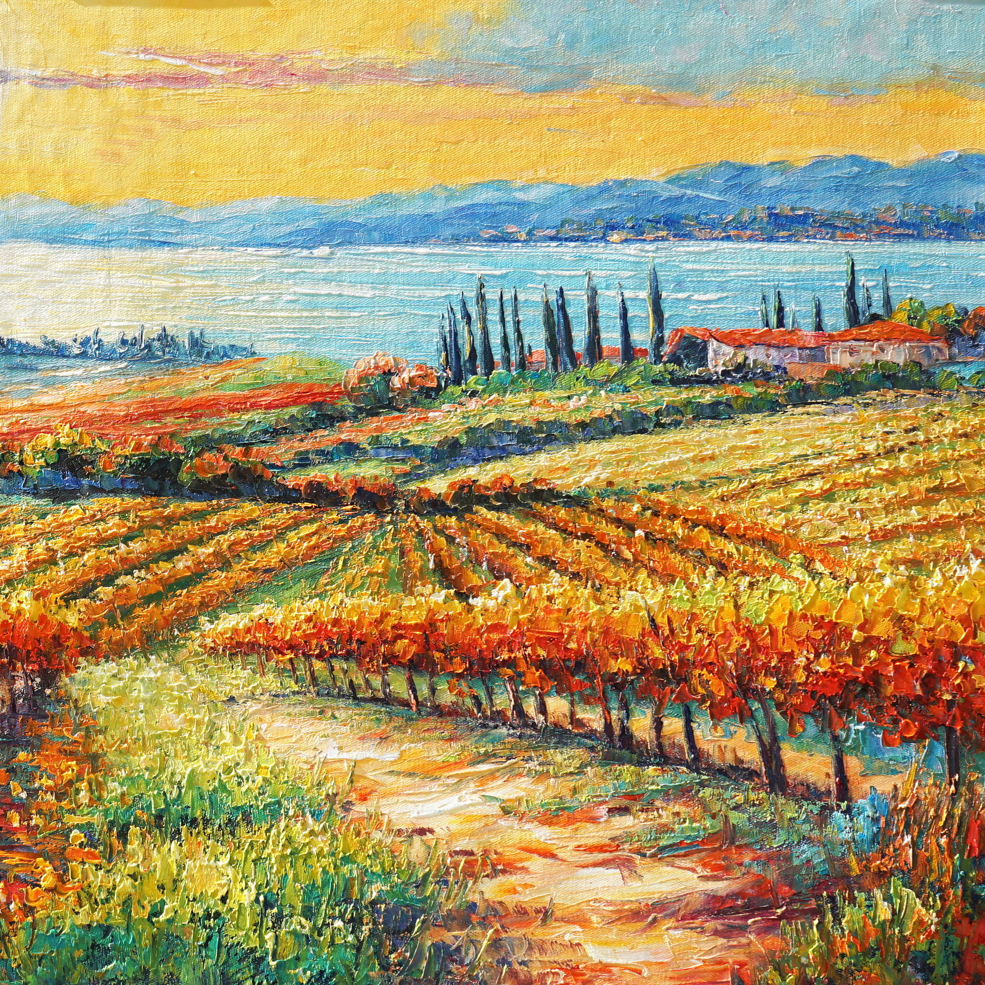 Dipinto a mano Campo di vigneti al tramonto in autunno 50x100cm