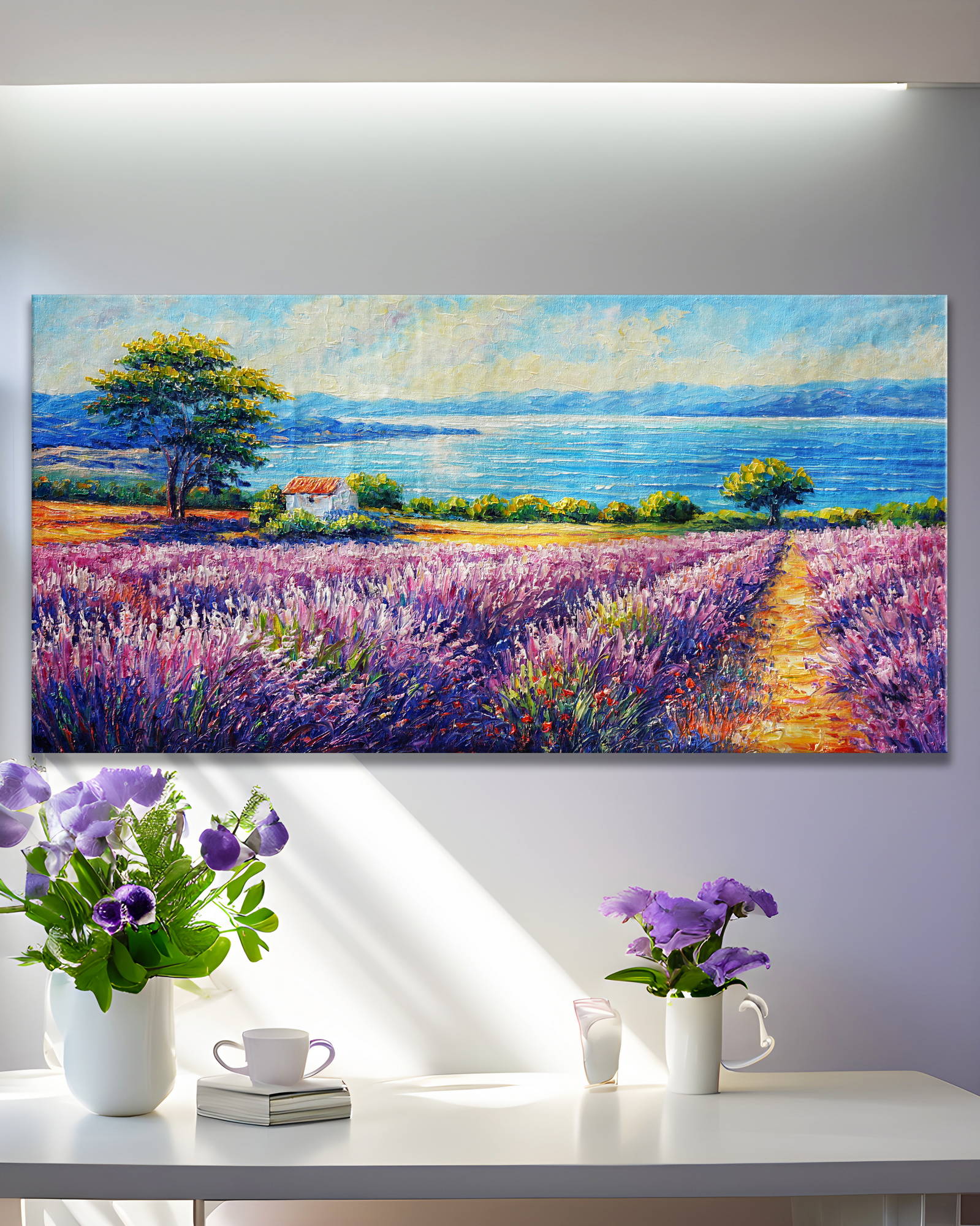 Dipinto a mano Campo di Lavanda vicino al mare 50x100cm