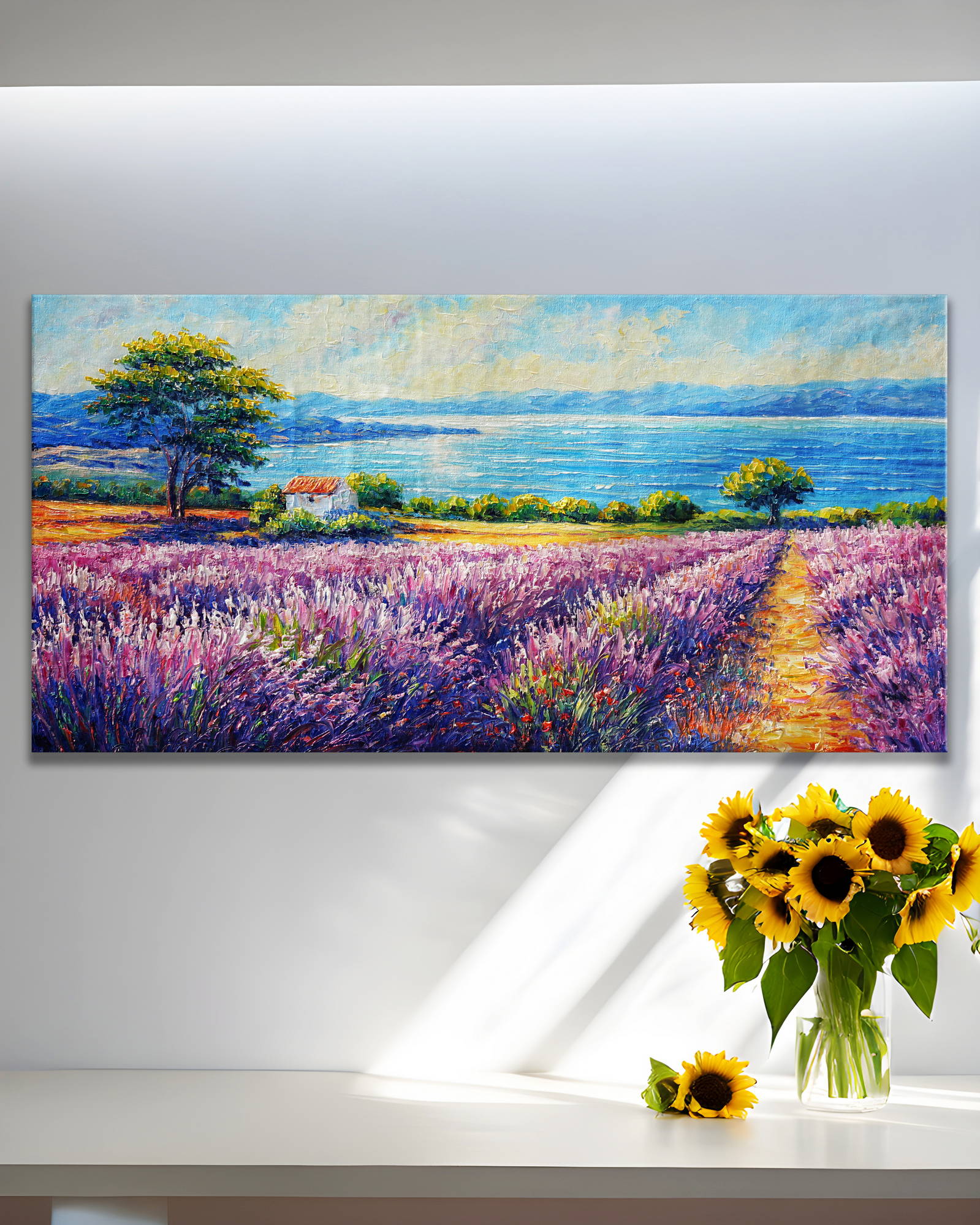 Dipinto a mano Campo di Lavanda vicino al mare 50x100cm