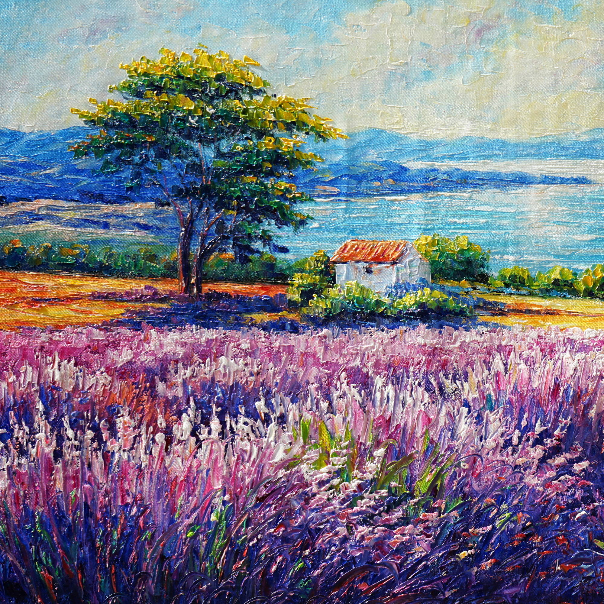 Dipinto a mano Campo di Lavanda vicino al mare 50x100cm