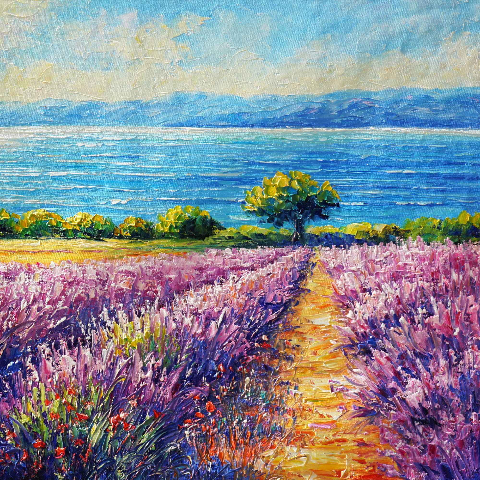 Dipinto a mano Campo di Lavanda vicino al mare 50x100cm