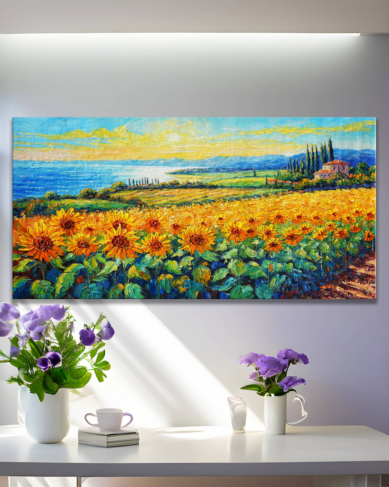 Dipinto a mano Paesaggio con campi di girasoli al mare 50x100cm