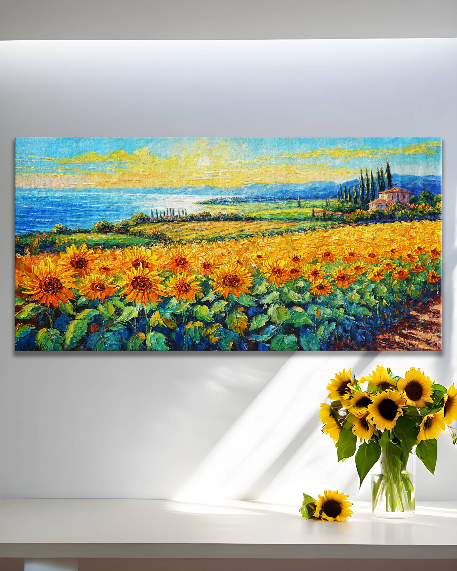 Hand painted Landscape with sunflower fields by the sea 50x100cm