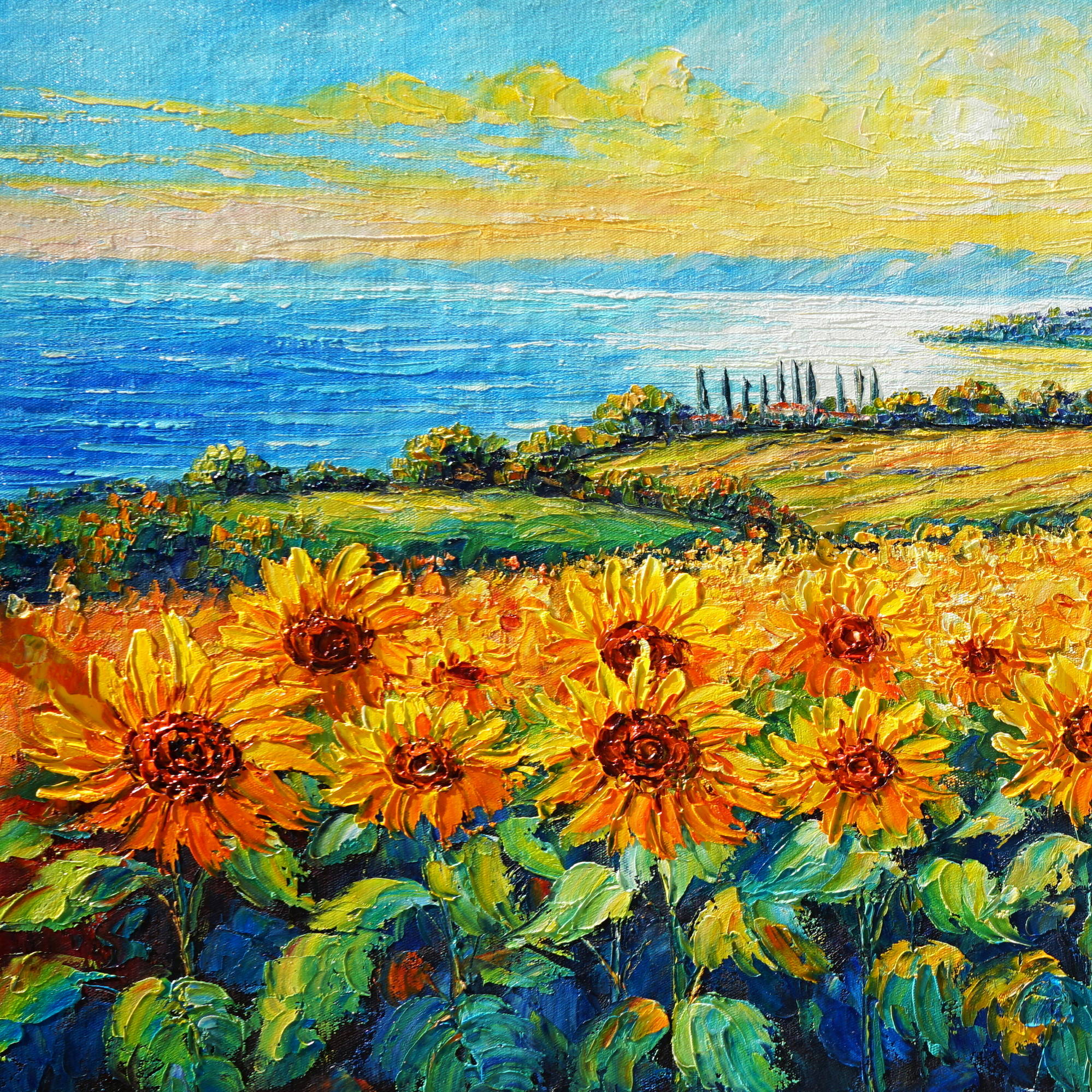 Hand painted Landscape with sunflower fields by the sea 50x100cm