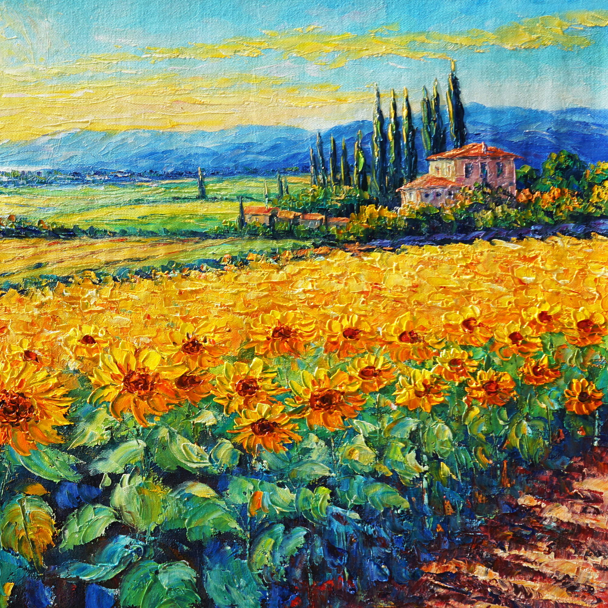 Hand painted Landscape with sunflower fields by the sea 50x100cm