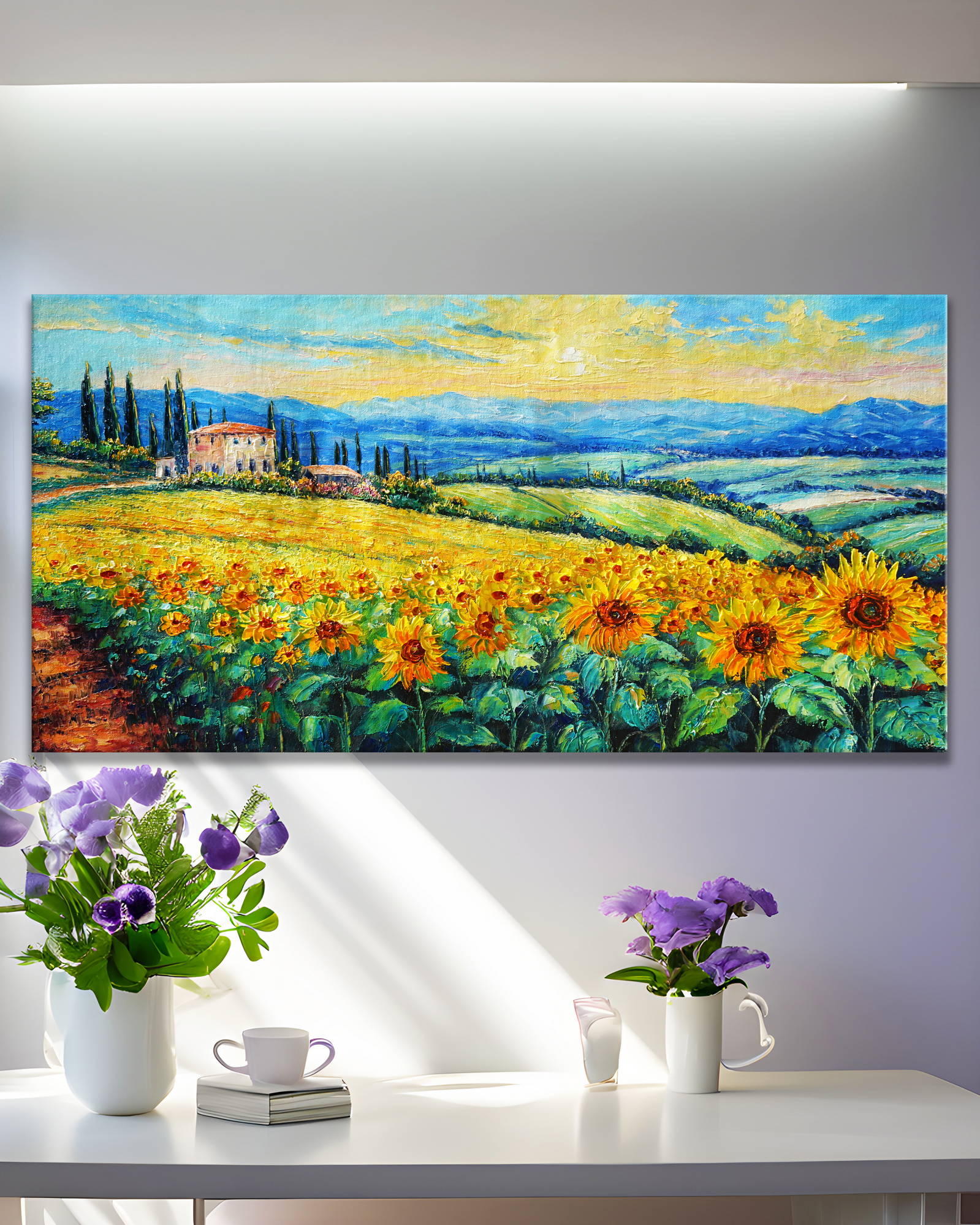 Dipinto a mano Casale toscano su campo di girasoli 50x100cm