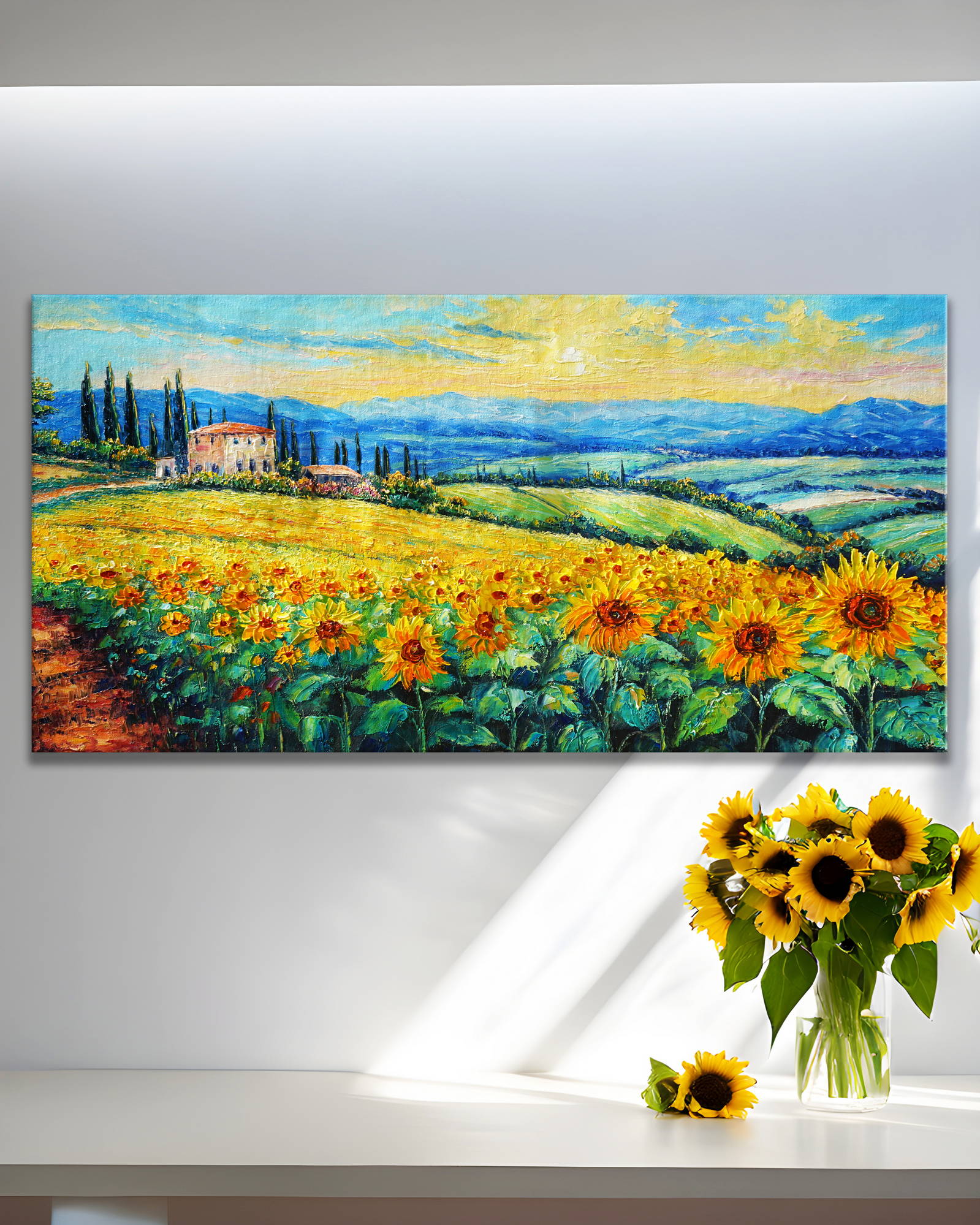 Hand painted Tuscan farmhouse on sunflower field 50x100cm