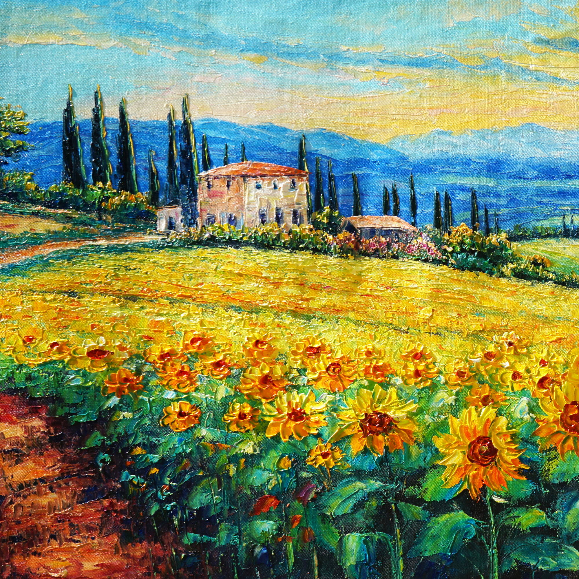 Hand painted Tuscan farmhouse on sunflower field 50x100cm