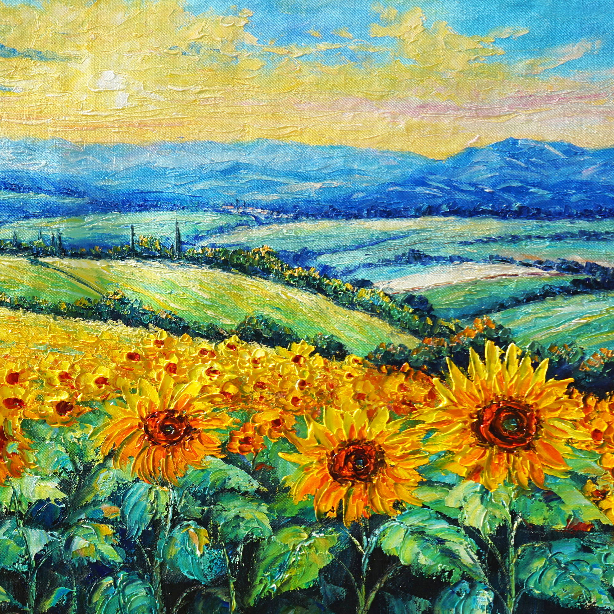 Hand painted Tuscan farmhouse on sunflower field 50x100cm