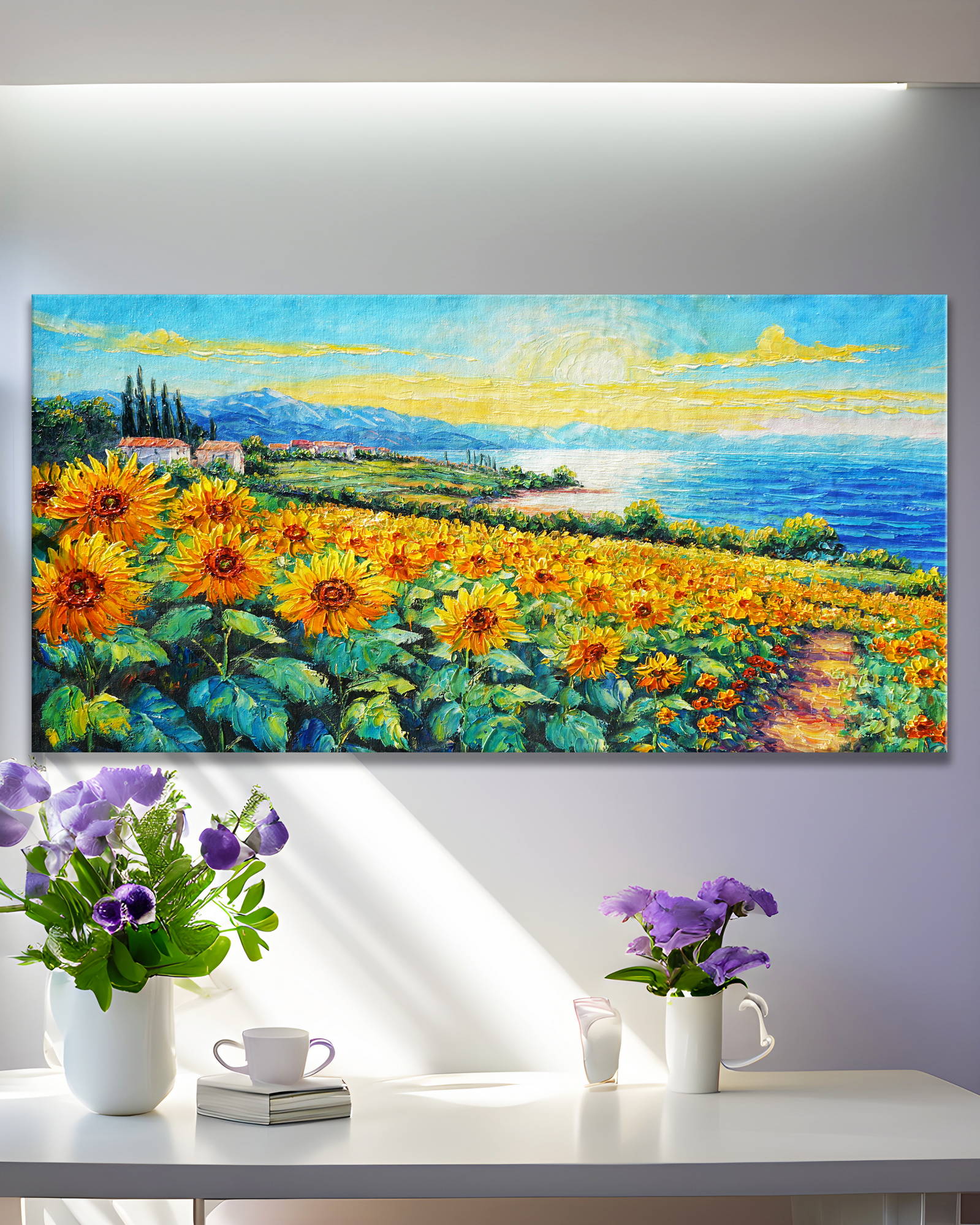 Hand painted Sunflower field by the sea 50x100cm