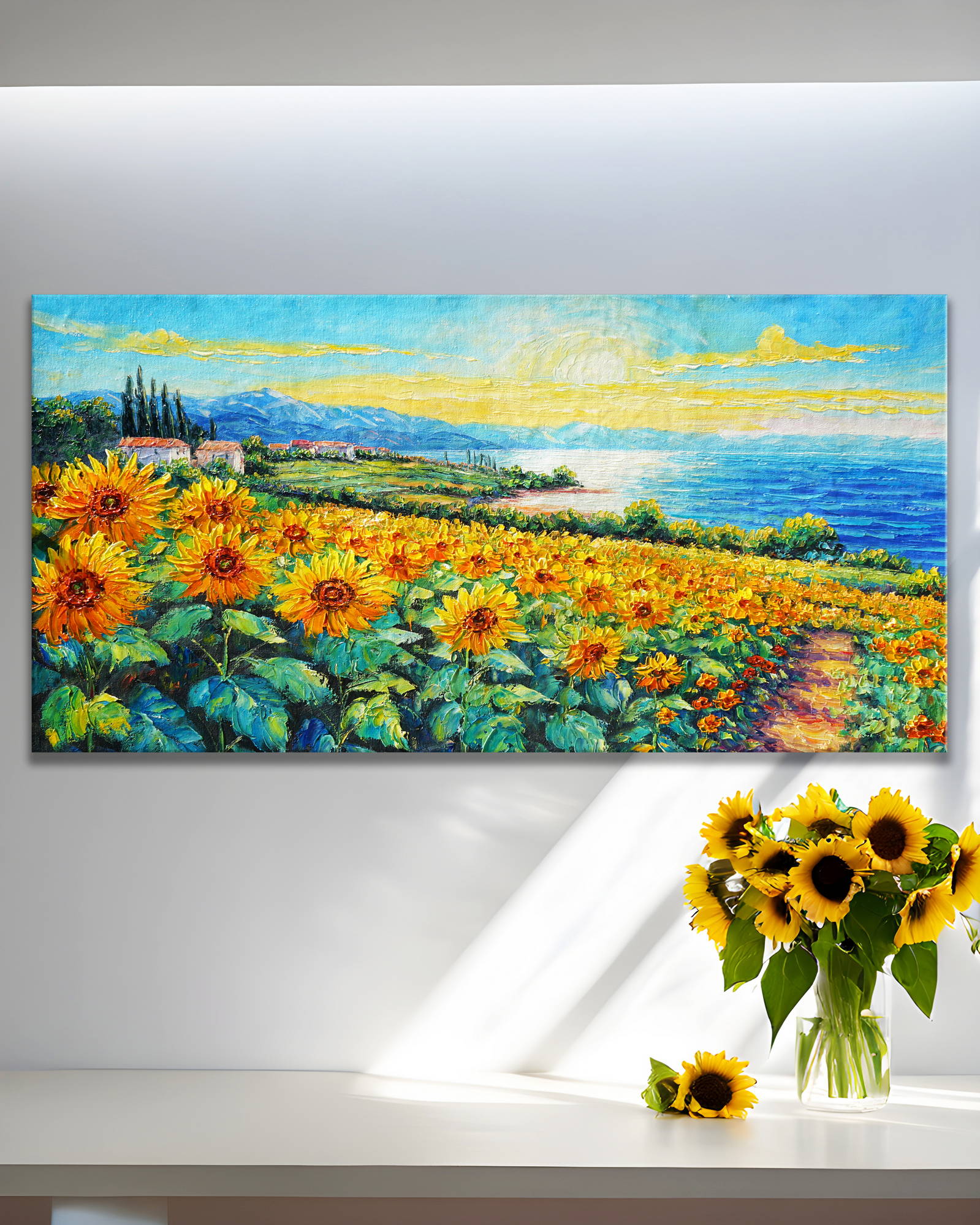 Dipinto a mano Campo di girasoli in riva al mare 50x100cm