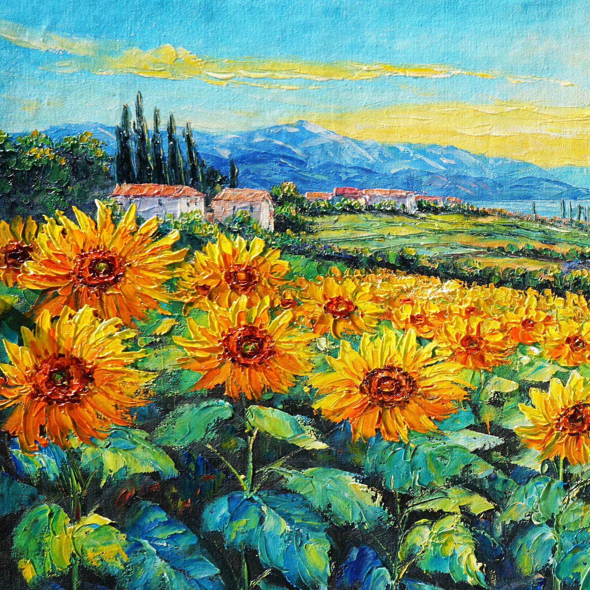 Hand painted Sunflower field by the sea 50x100cm