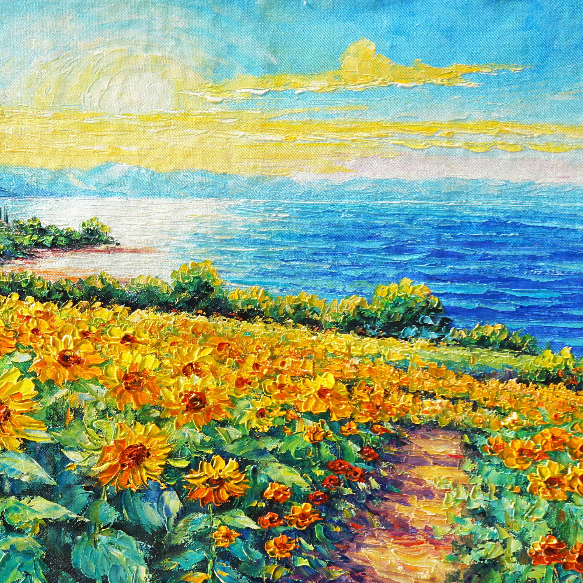 Hand painted Sunflower field by the sea 50x100cm