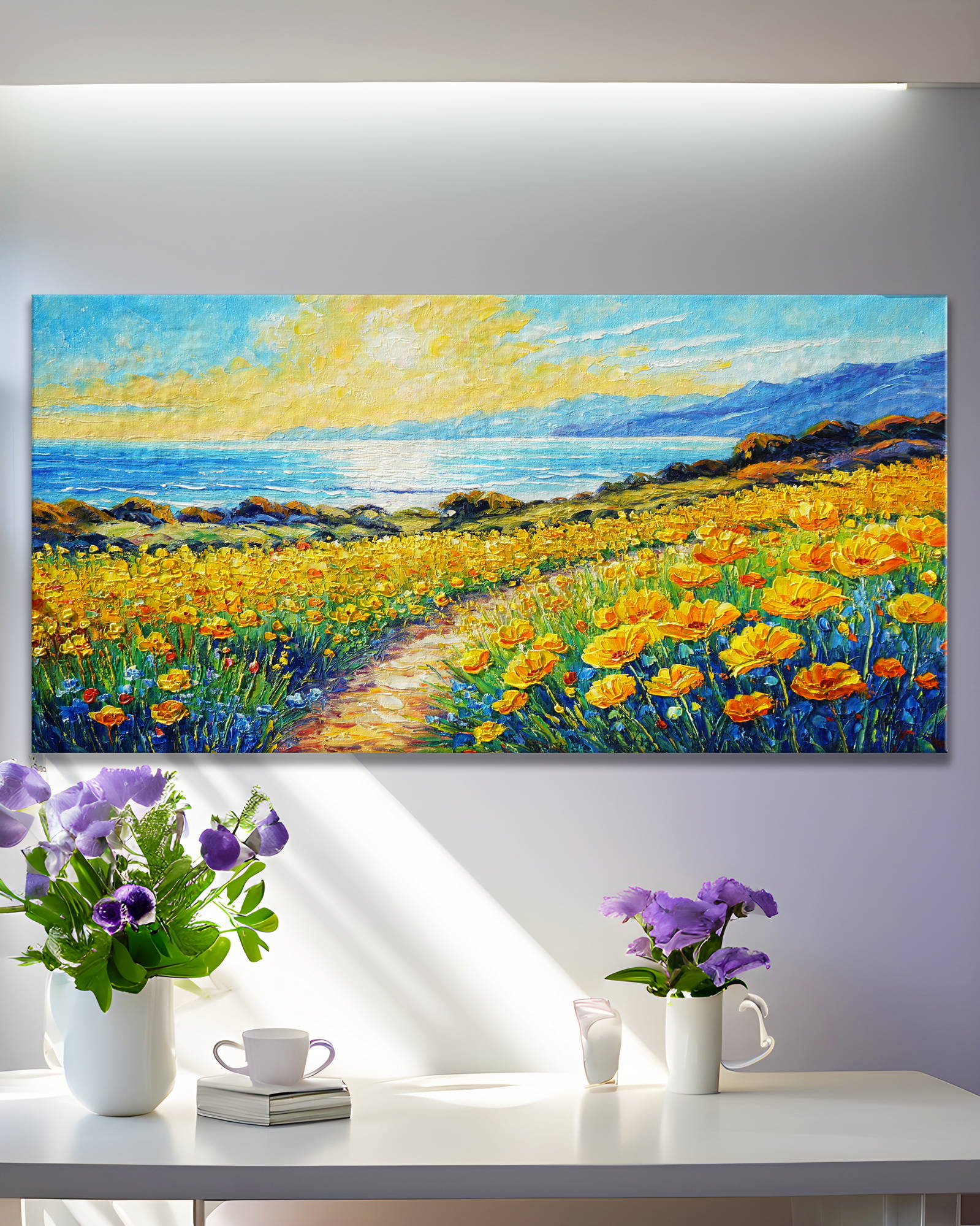 Dipinto a mano Paesaggio con Fiori e mare 50x100cm