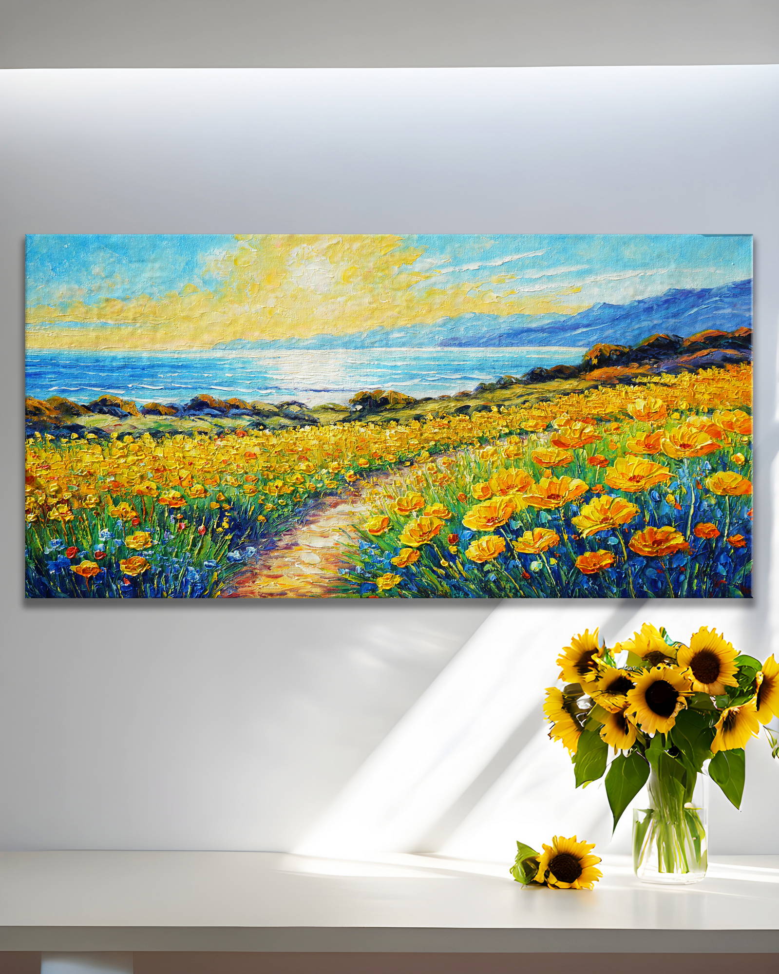 Dipinto a mano Paesaggio con Fiori e mare 50x100cm