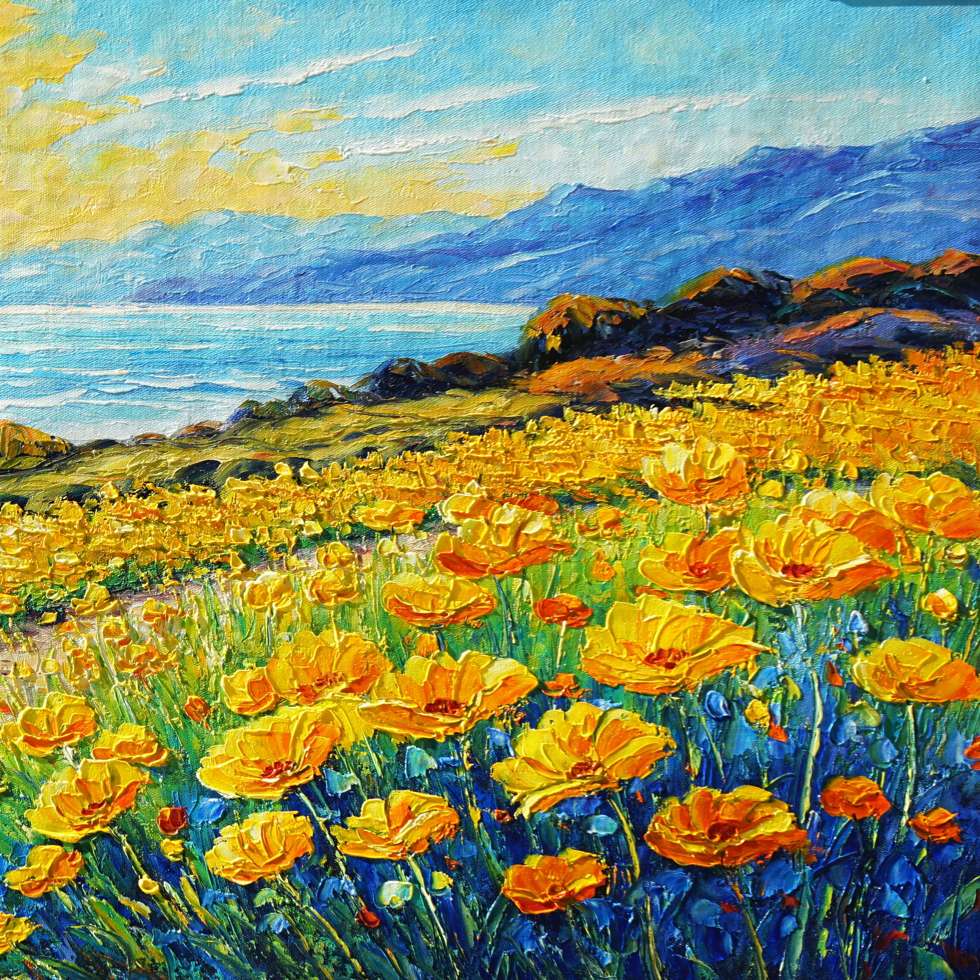 Dipinto a mano Paesaggio con Fiori e mare 50x100cm