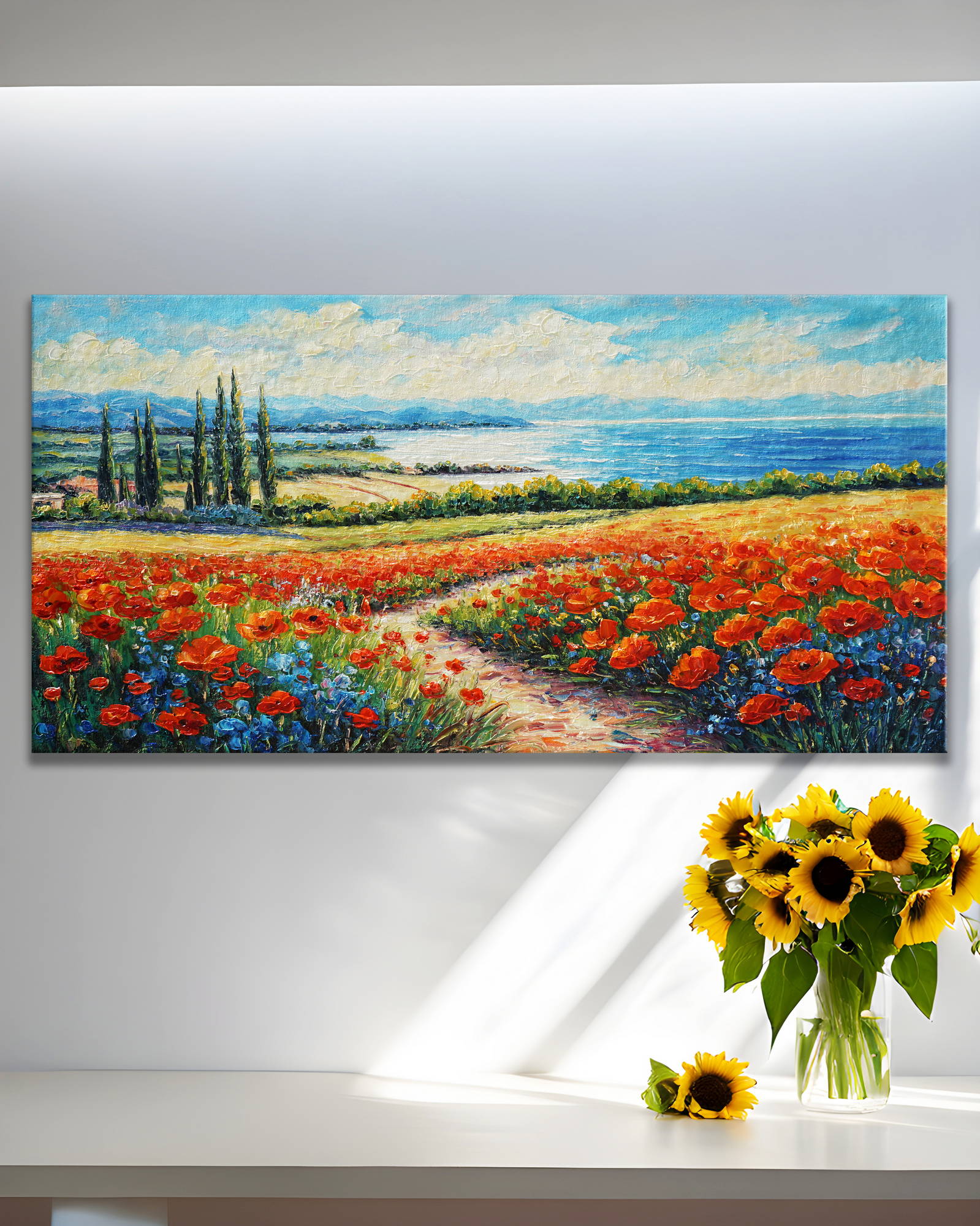 Hand painted Poppy field on the coast 50x100cm