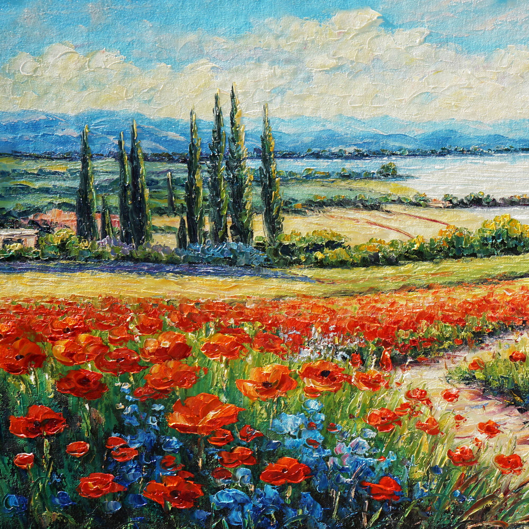 Hand painted Poppy field on the coast 50x100cm