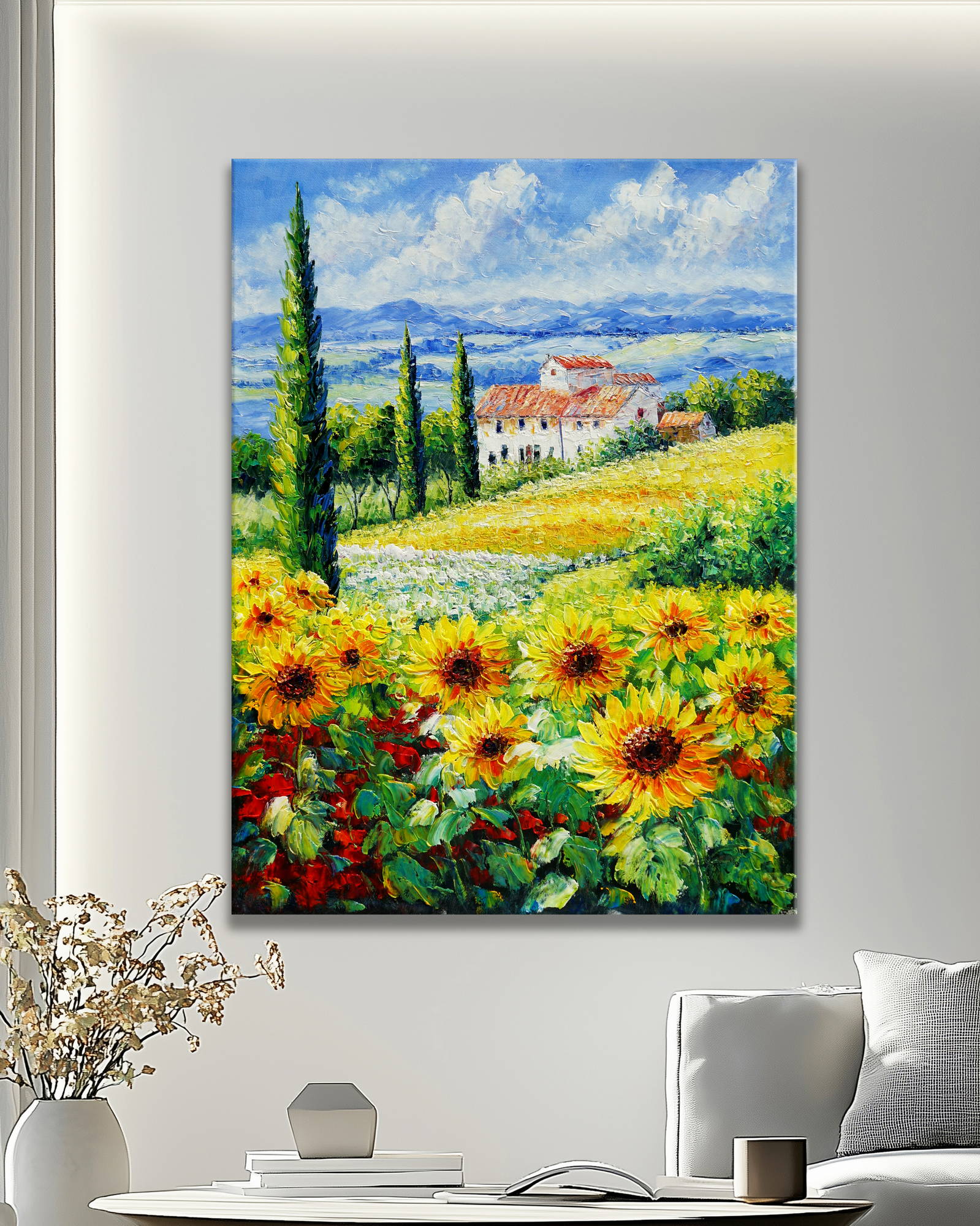 Dipinto Campi di girasoli con casale in Toscana 60x80cm