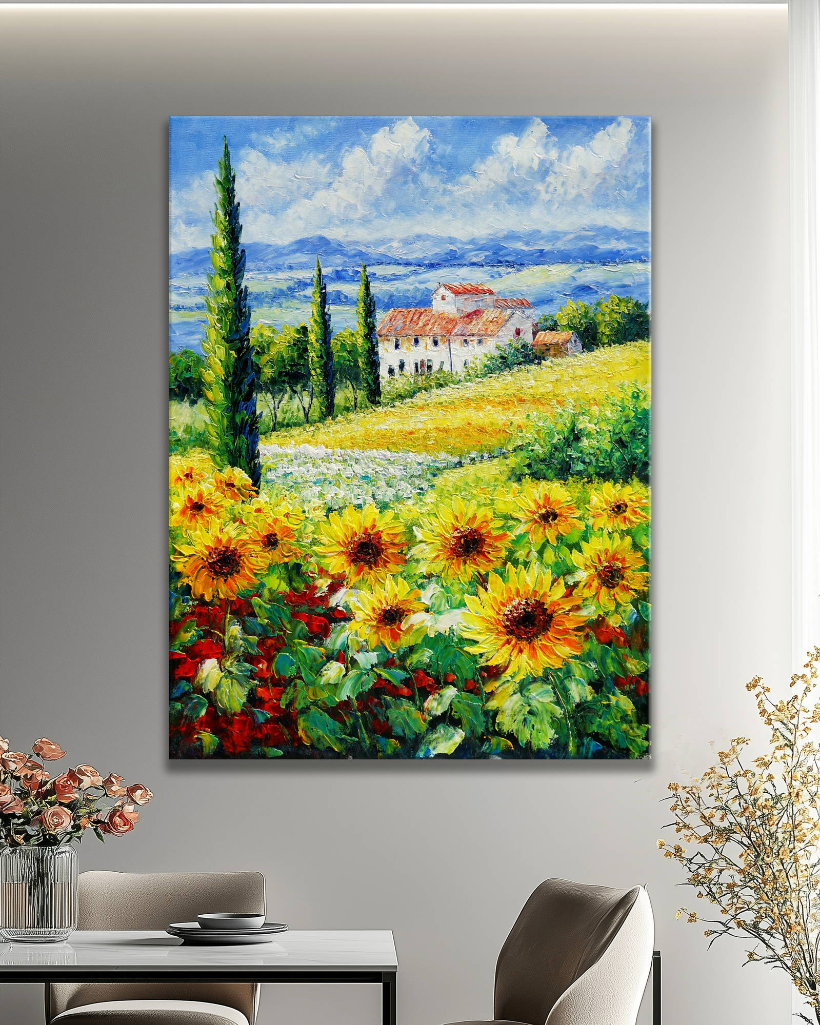 Dipinto Campi di girasoli con casale in Toscana 60x80cm