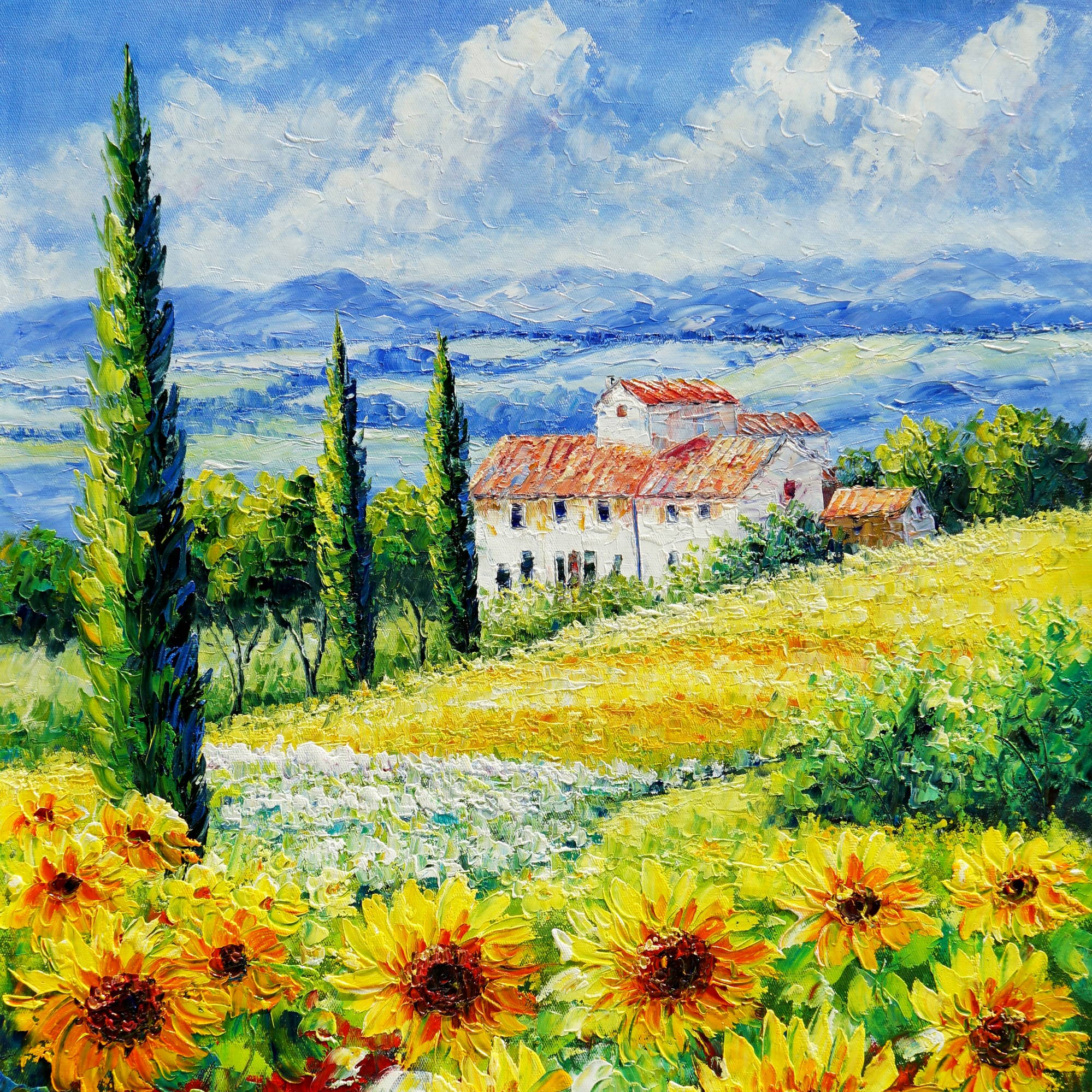 Dipinto Campi di girasoli con casale in Toscana 60x80cm