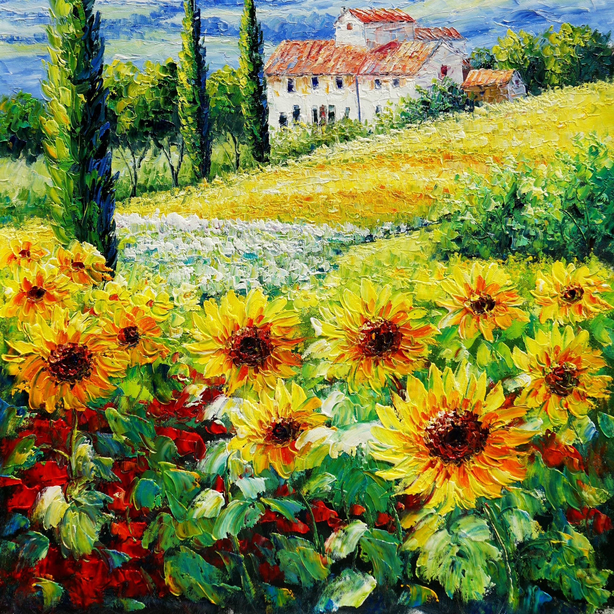 Dipinto Campi di girasoli con casale in Toscana 60x80cm