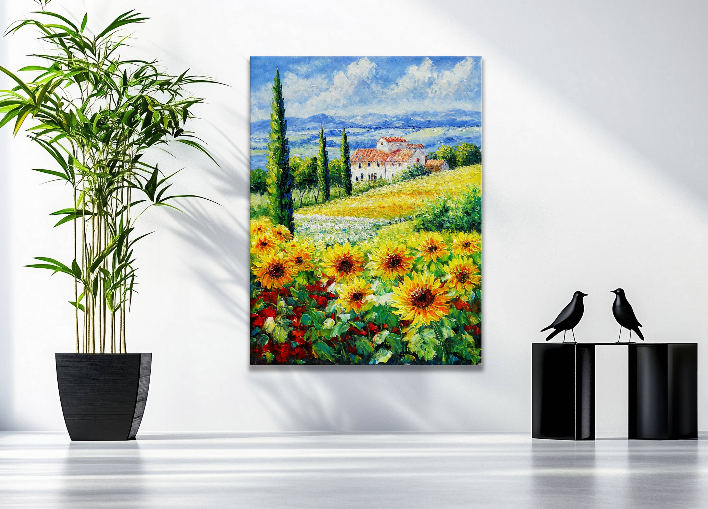 Dipinto Campi di girasoli con casale in Toscana 60x80cm