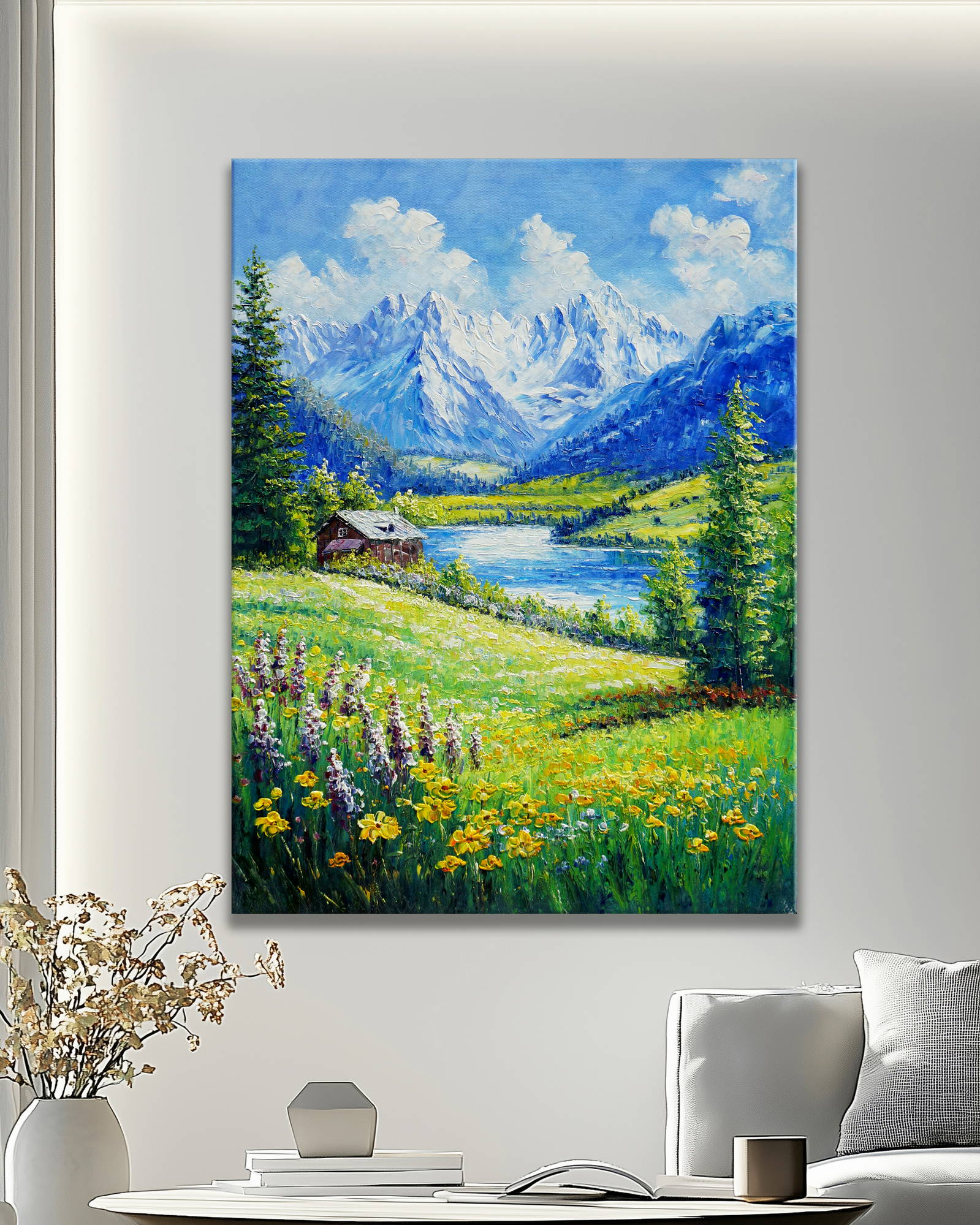 Dipinto Lago di montagna con baita Dolomiti 60x80cm